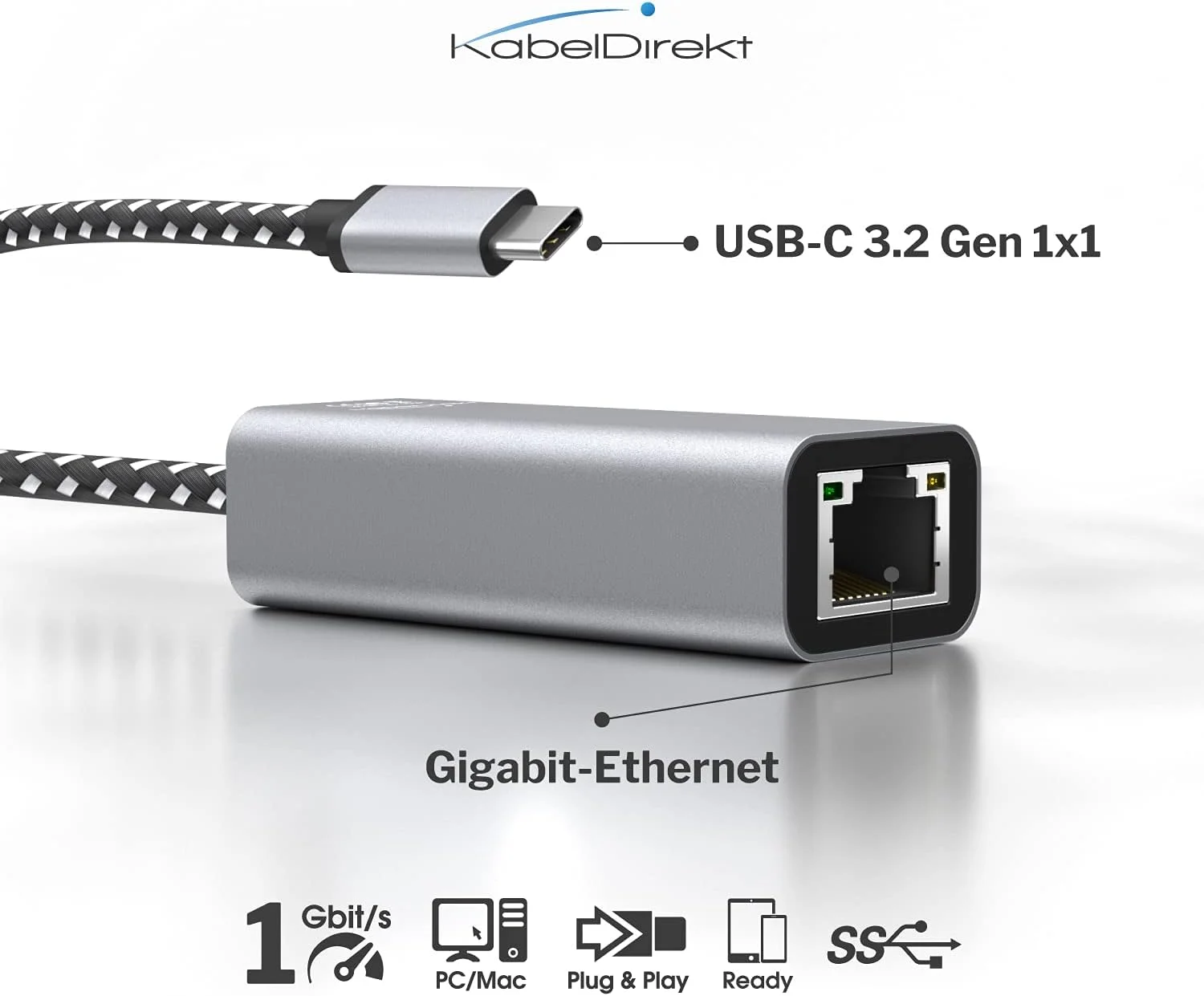 آداپتور USB C به اترنت با بدنه فلزی مقاوم در برابر شکستگی (USB-C نر به RJ45 LAN ماده، اتصال شبکه/اینترنت پایدار برای نوت بوک/MacBook/تبلت با سرعت 1 گیگابیت بر ثانیه، کابل 10 سانتی متری) توسط CableDirect