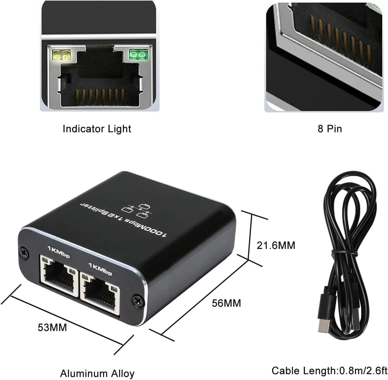 اسپلیتر اترنت RJ45 کیو اس اف پی تک 1000 مگابیت بر ثانیه 1 به 2 (شبکه همزمان 2 دستگاه)، با کابل برق USB Type C، برای کابل Cat6/7/8