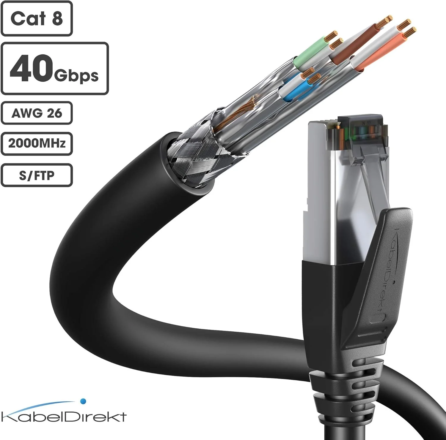 کابل اترنت CAT8 - 0.5 متری - کابل اینترنت، پچ و شبکه با طراحی ضد شکستگی و نرخ بیت فوق العاده سریع 40 گیگابیت بر ثانیه (CAT8.1، ایده آل برای بازی/PS5/Xbox/Switch، دوشاخه RJ45، مشکی) - توسط CableDirect