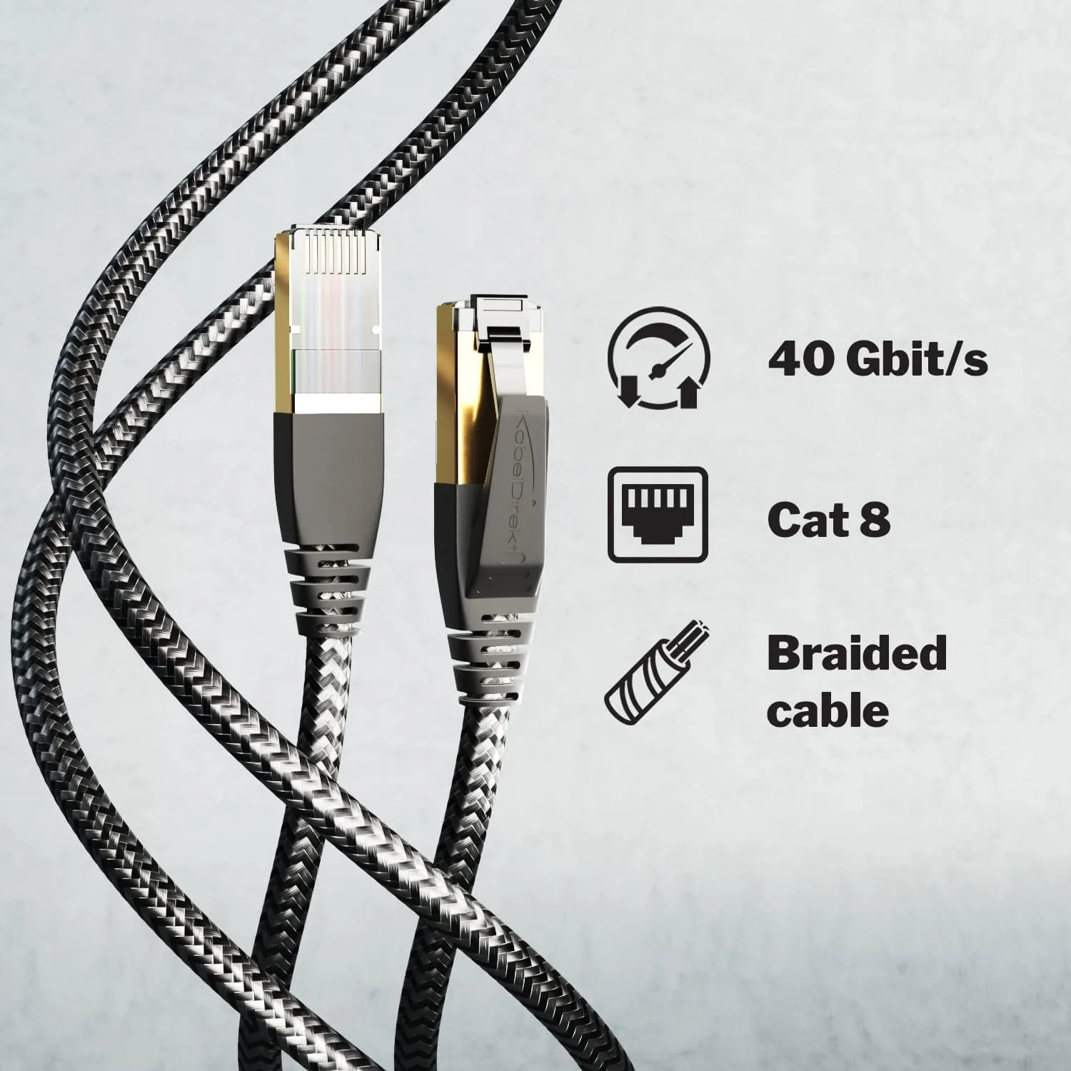 کابل شبکه KabelDirekt – Cat 8 با طراحی بافته شده انعطاف پذیر و مقاوم در برابر شکستگی – 2x 1 متری (کابل LAN/Ethernet، کانکتور RJ45، انتقال بالاترین نرخ داده تا 40 گیگابیت بر ثانیه، برای بازی/PS5/Xbox)
