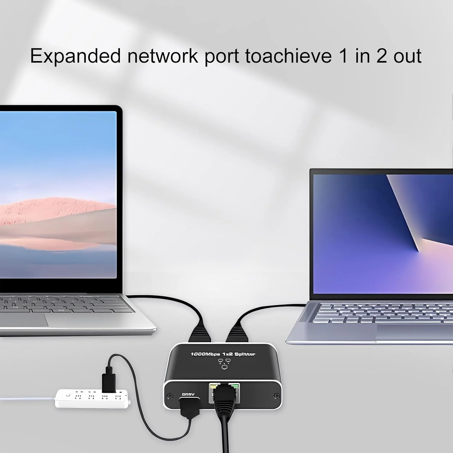 اسپلیتر اترنت RJ45 کیو اس اف پی تک 1000 مگابیت بر ثانیه 1 به 2 (شبکه همزمان 2 دستگاه)، با کابل برق USB Type C، برای کابل Cat6/7/8