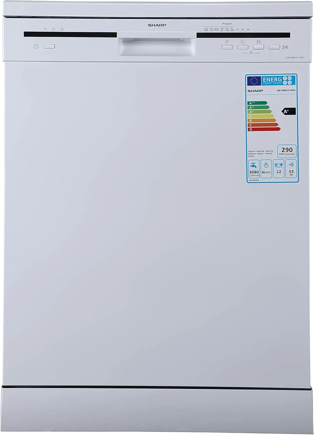 ماشین ظرفشویی ایستاده شارپ با 6 برنامه و ظرفیت 12 نفره، سفید - QW-MB612-WH3