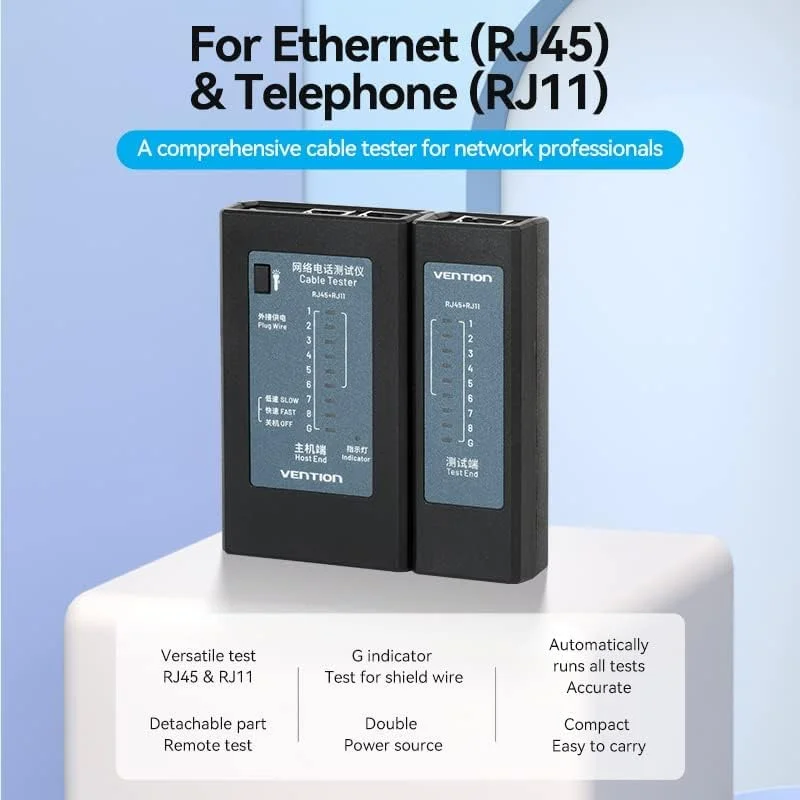 تستر کابل شبکه تلفن VENTION RJ45 RJ11 با روکش طلا، منبع تغذیه دوگانه، حالت های تست دوگانه با نورپردازی LED اضطراری