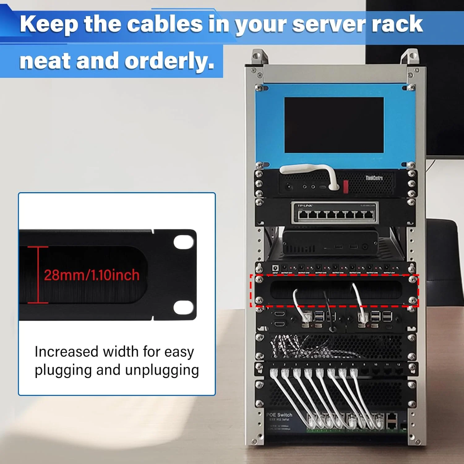 پنل مدیریت کابل GeeekPi DeskPi با نوار برس دار - 1U - 10 اینچ (254 میلی متر) - برای رک های شبکه و کابل های شبکه - مشکی (1 عدد)