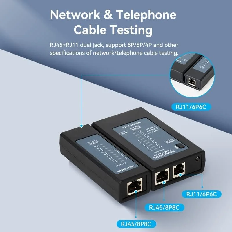 تستر کابل شبکه تلفن VENTION RJ45 RJ11 با روکش طلا، منبع تغذیه دوگانه، حالت های تست دوگانه با نورپردازی LED اضطراری