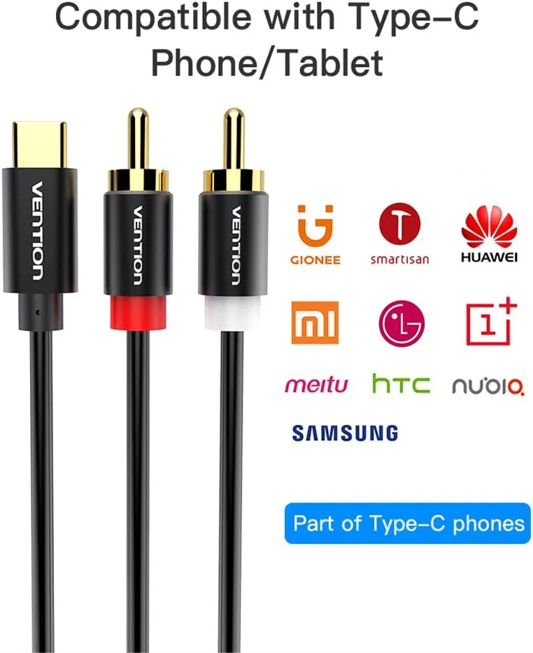 کابل صوتی Type-C به دو RCA ونشن، نر به نر، روکش طلا، کابل آداپتور تقسیم کننده استریو کمکی Aux برای دستگاه های USB C Le TV MacBook اتصال به آمپلی فایر بلندگو (0.5 متر)