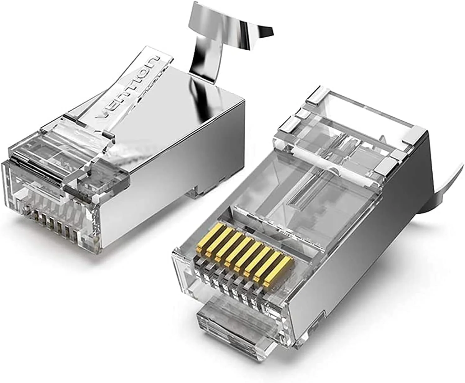 کانکتور اترنت RJ45 کت 7 ونشن با شیلد نیکل اندود، 600 مگاهرتز 10 گیگابیت بر ثانیه سرعت بالا 8P8C RJ45، پلاگ ماژولار RJ45 با کنتاکت های روکش طلای 50U و گیره کابل (Cat.7 FTP، بسته 50 عددی)