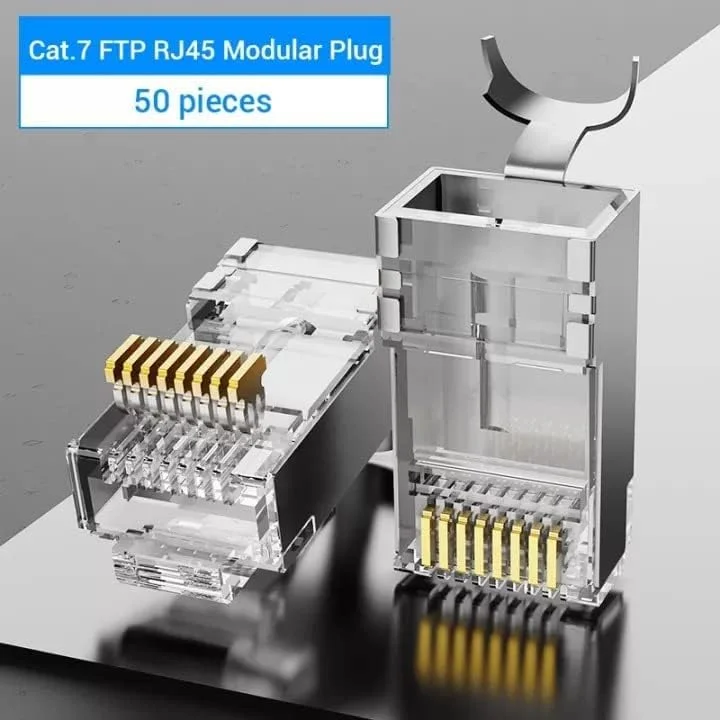 کانکتور اترنت RJ45 کت 7 ونشن با شیلد نیکل اندود، 600 مگاهرتز 10 گیگابیت بر ثانیه سرعت بالا 8P8C RJ45، پلاگ ماژولار RJ45 با کنتاکت های روکش طلای 50U و گیره کابل (Cat.7 FTP، بسته 50 عددی)
