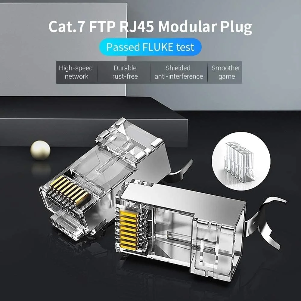 کانکتور اترنت RJ45 کت 7 ونشن با شیلد نیکل اندود، 600 مگاهرتز 10 گیگابیت بر ثانیه سرعت بالا 8P8C RJ45، پلاگ ماژولار RJ45 با کنتاکت های روکش طلای 50U و گیره کابل (Cat.7 FTP، بسته 50 عددی)