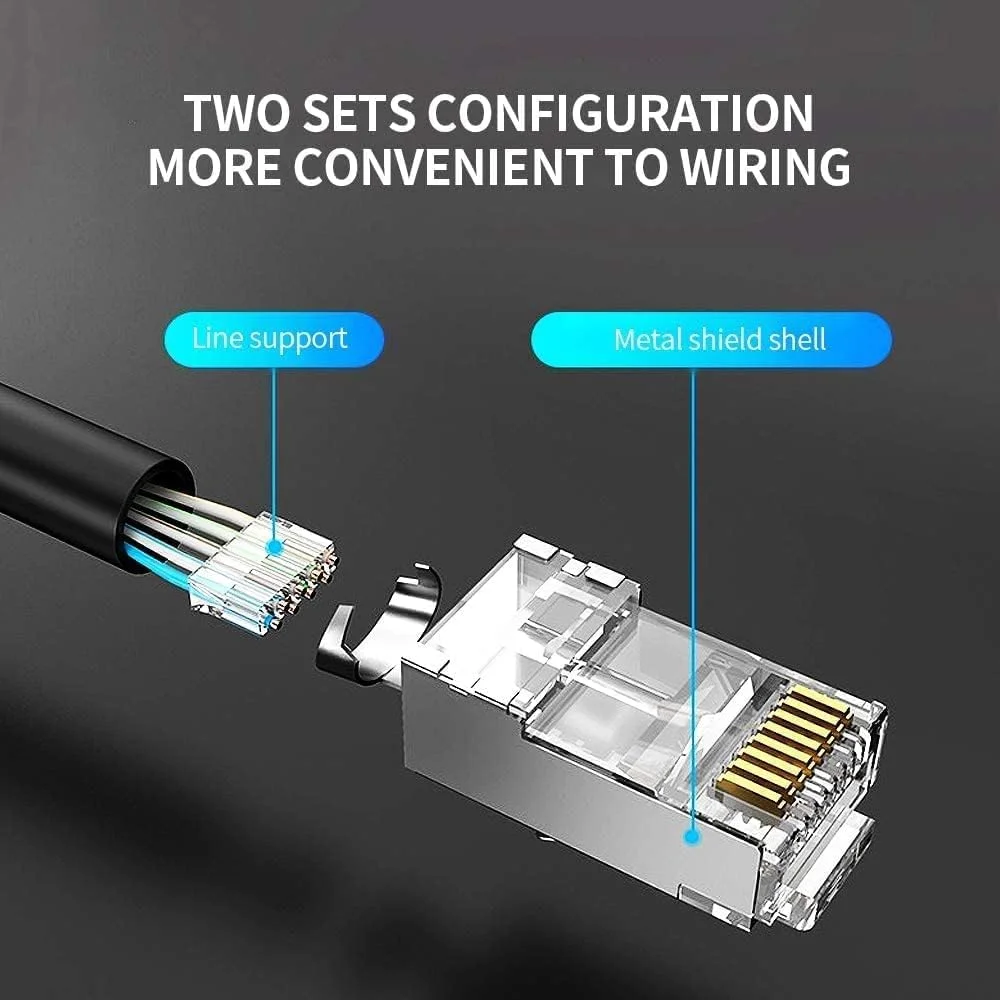 کانکتور اترنت RJ45 کت 7 ونشن با شیلد نیکل اندود، 600 مگاهرتز 10 گیگابیت بر ثانیه سرعت بالا 8P8C RJ45، پلاگ ماژولار RJ45 با کنتاکت های روکش طلای 50U و گیره کابل (Cat.7 FTP، بسته 50 عددی)