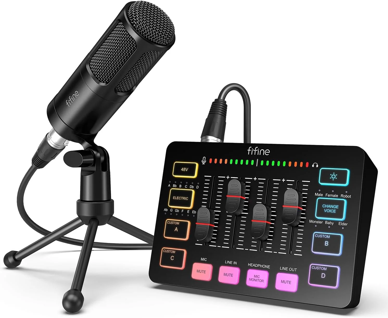 بسته تجهیزات صوتی FIFINE برای پادکست بازی، مجموعه میکسر RGB استریمینگ با میکروفون وکال دینامیک XLR، مجموعه کیت ضبط صدا با فیدر صدا، کنترل مجزا، قطع صدا، مانیتورینگ - KS3