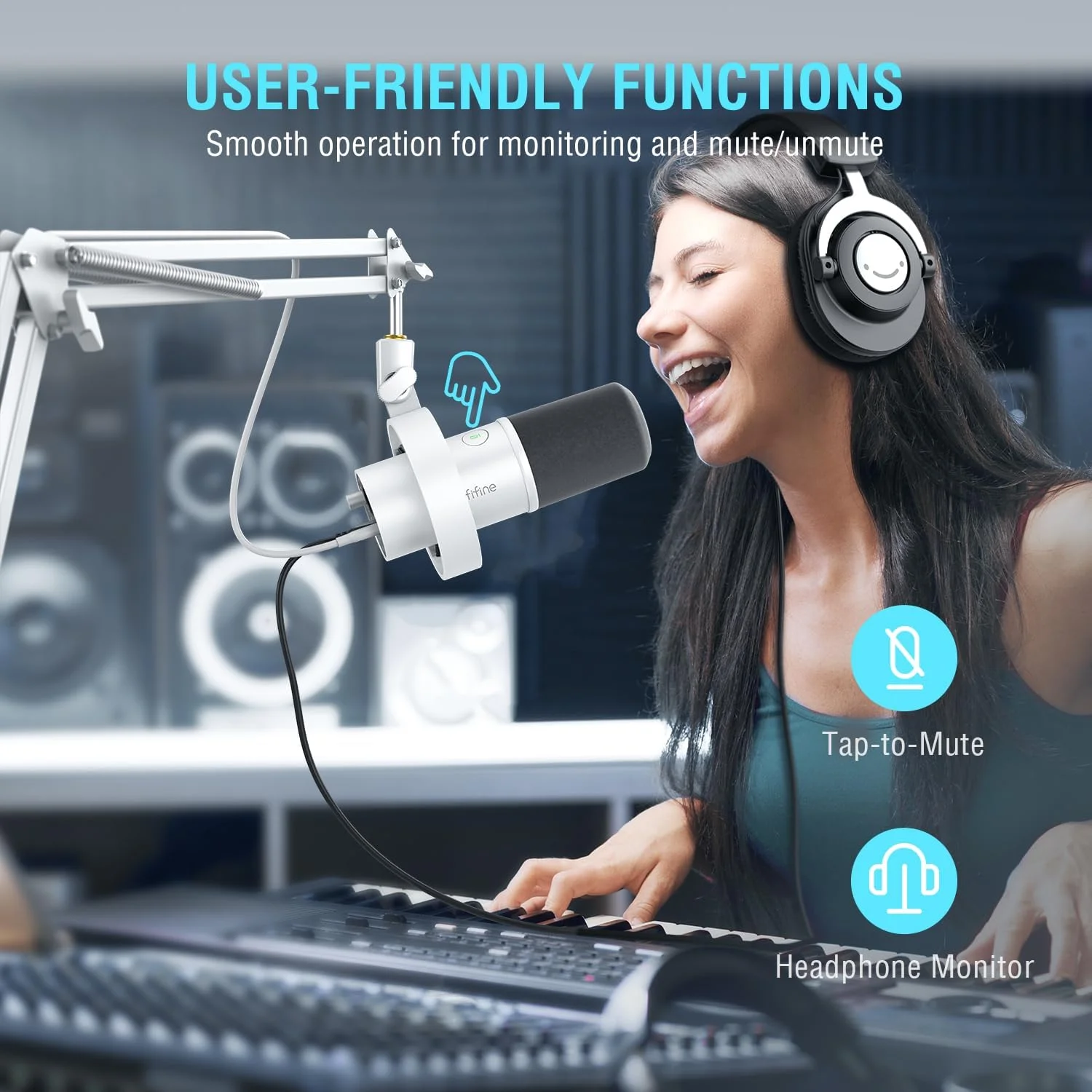 میکروفون داینامیک FIFINE با بازوی بوم، میکروفون XLR استودیویی وکال، کیت میکروفون USB پادکست برای کامپیوتر با دکمه قطع صدا، دکمه تنظیم صدا، جک هدفون، برای ضبط استریمینگ - AmpliTank K688CT سفید