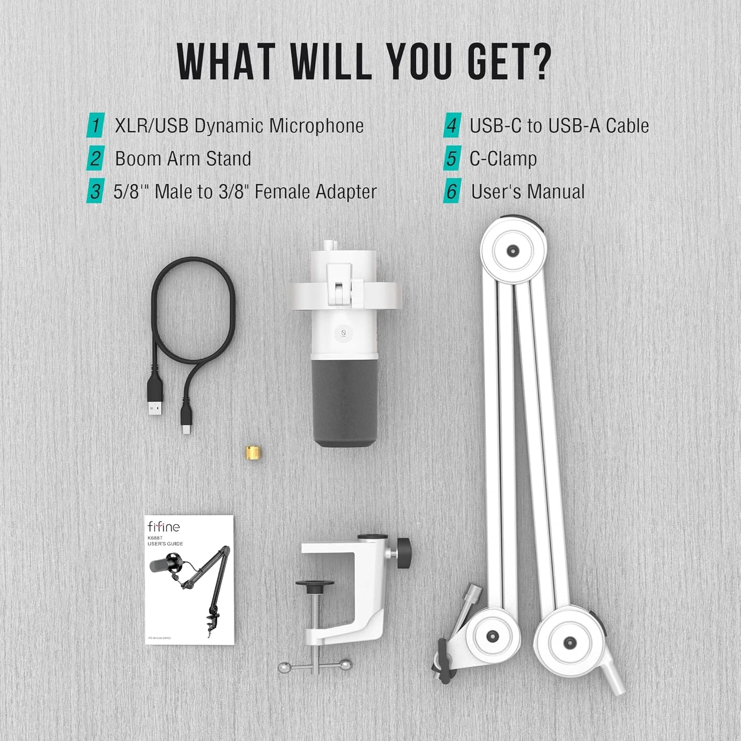 کیت میکروفون XLR/USB پادکست FIFINE، میکروفون داینامیک استودیویی برای ضبط، استریم، صداگذاری، میکروفون کامپیوتر با بازوی بوم با قطع صدا، مانیتورینگ هدفون، آمپلی تانک فلزی K688T سفید کیت میکروفون XLR/USB پادکست FIFINE، میکروفون داینامیک استودیویی برای ضبط، استریم، صداگذاری، میکروفون کامپیوتر با بازوی بوم با قطع صدا، مانیتورینگ هدفون، آمپلی تانک فلزی K688T سفید