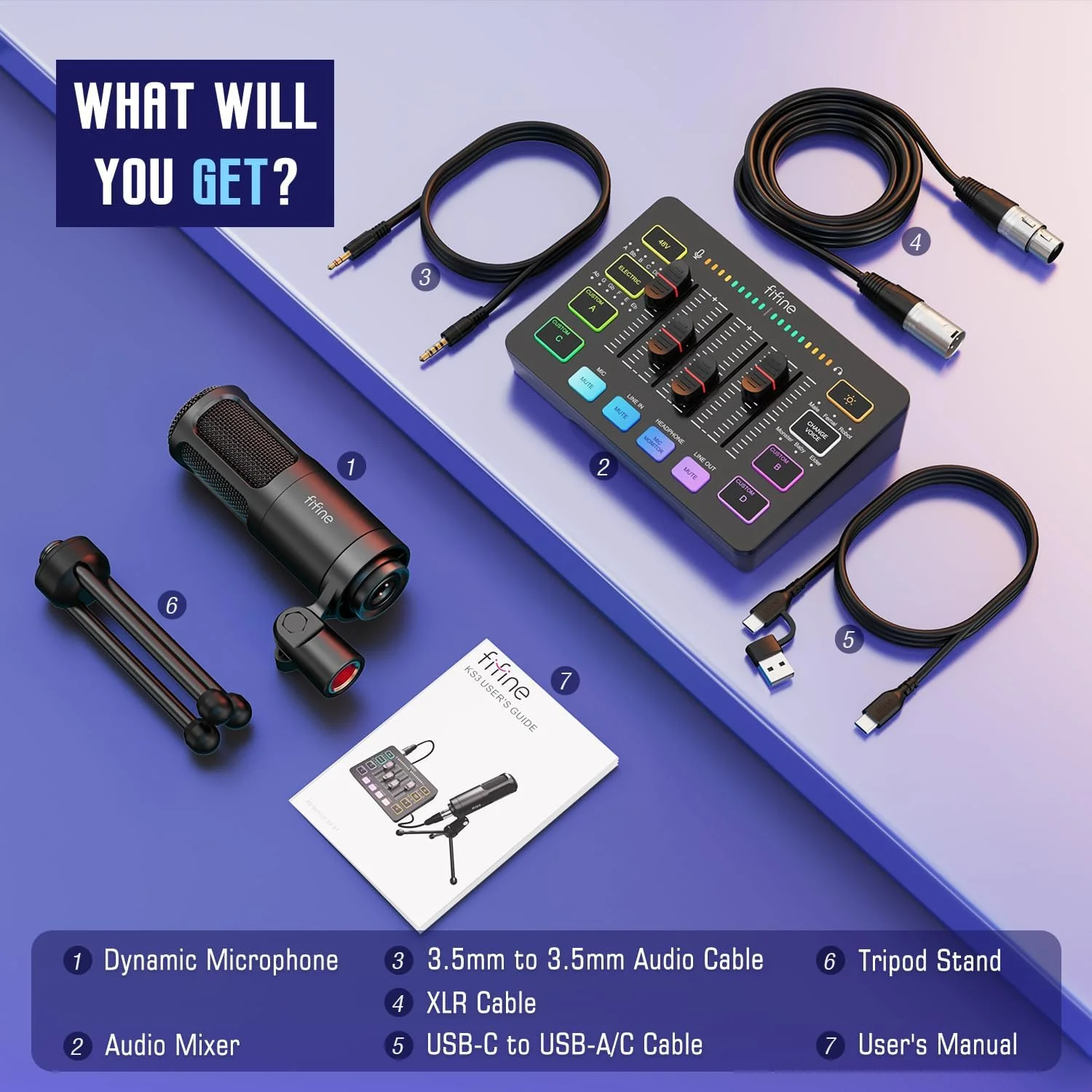 بسته تجهیزات صوتی FIFINE برای پادکست بازی، مجموعه میکسر RGB استریمینگ با میکروفون وکال دینامیک XLR، مجموعه کیت ضبط صدا با فیدر صدا، کنترل مجزا، قطع صدا، مانیتورینگ - KS3 بسته تجهیزات صوتی FIFINE برای پادکست بازی، مجموعه میکسر RGB استریمینگ با میکروفون وکال دینامیک XLR، مجموعه کیت ضبط صدا با فیدر صدا، کنترل مجزا، قطع صدا، مانیتورینگ - KS3