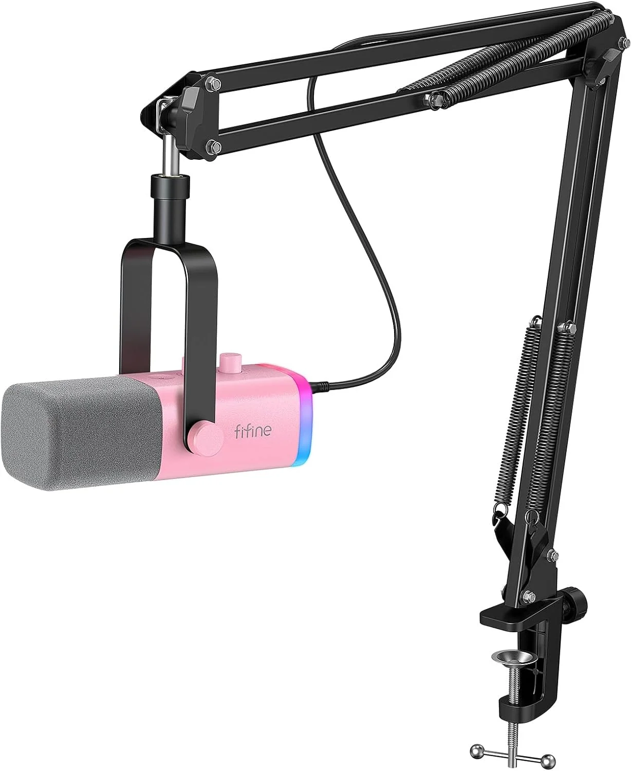 میکروفون گیمینگ USB/XLR فایفاین، کیت میکروفون داینامیک کامپیوتر برای وکال، ضبط، پادکست، استریم میکروفون RGB با جک هدفون، دکمه قطع صدا، پایه بازویی بوم برای کامپیوتر/میکسر - AmpliGame AM8T صورتی