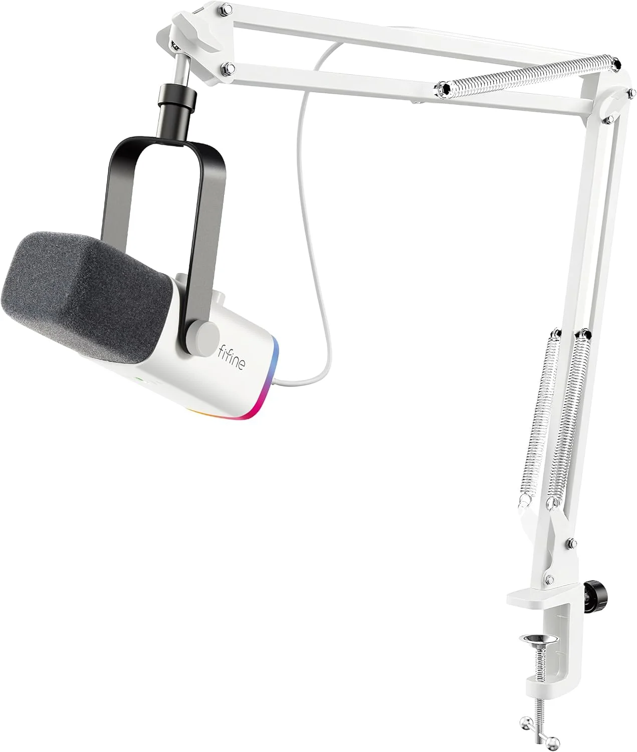 میکروفون پادکست داینامیک استریمینگ XLR FIFINE، میکروفون گیمینگ USB RGB با پایه میکروفون برای کامپیوتر PS4 PS5، برای استودیو پادکست ضبط - سفید