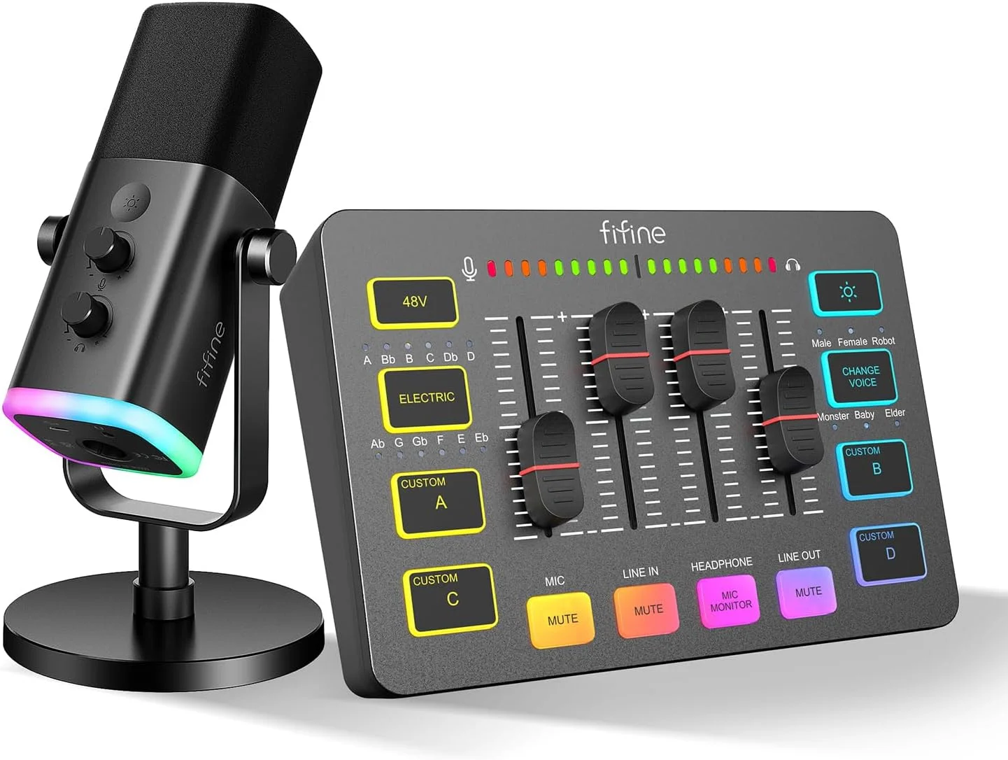 میکروفون دینامیک استریمینگ USB/XLR FIFINE، میکسر صوتی گیمینگ، میکسر RGB PC استریمینگ با رابط میکروفون XLR (AM8 + SC3)