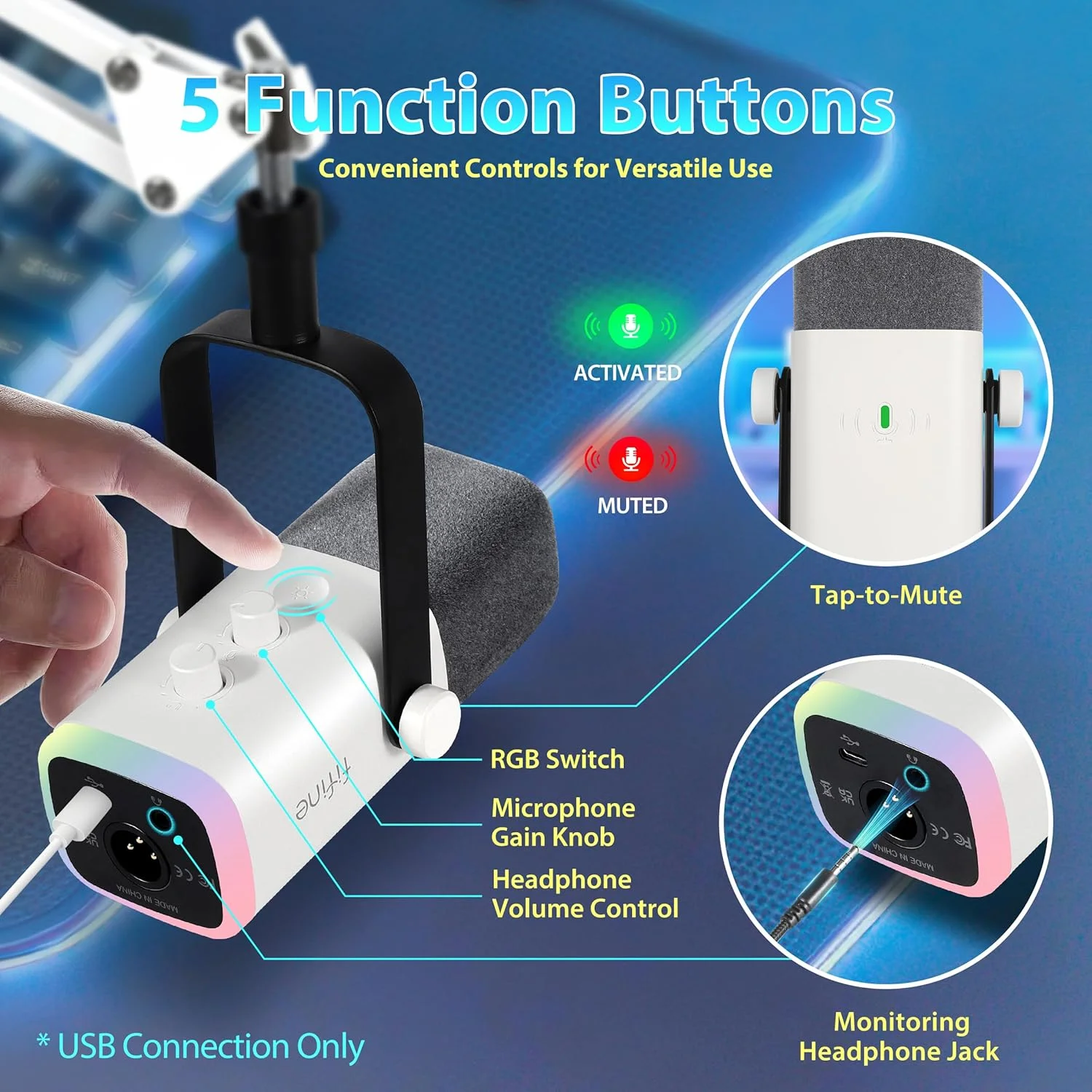 میکروفون پادکست داینامیک استریمینگ XLR FIFINE، میکروفون گیمینگ USB RGB با پایه میکروفون برای کامپیوتر PS4 PS5، برای استودیو پادکست ضبط - سفید میکروفون پادکست داینامیک استریمینگ XLR FIFINE، میکروفون گیمینگ USB RGB با پایه میکروفون برای کامپیوتر PS4 PS5، برای استودیو پادکست ضبط - سفید