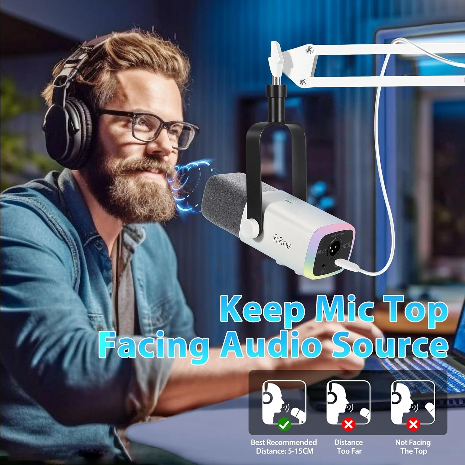 میکروفون پادکست داینامیک استریمینگ XLR FIFINE، میکروفون گیمینگ USB RGB با پایه میکروفون برای کامپیوتر PS4 PS5، برای استودیو پادکست ضبط - سفید میکروفون پادکست داینامیک استریمینگ XLR FIFINE، میکروفون گیمینگ USB RGB با پایه میکروفون برای کامپیوتر PS4 PS5، برای استودیو پادکست ضبط - سفید
