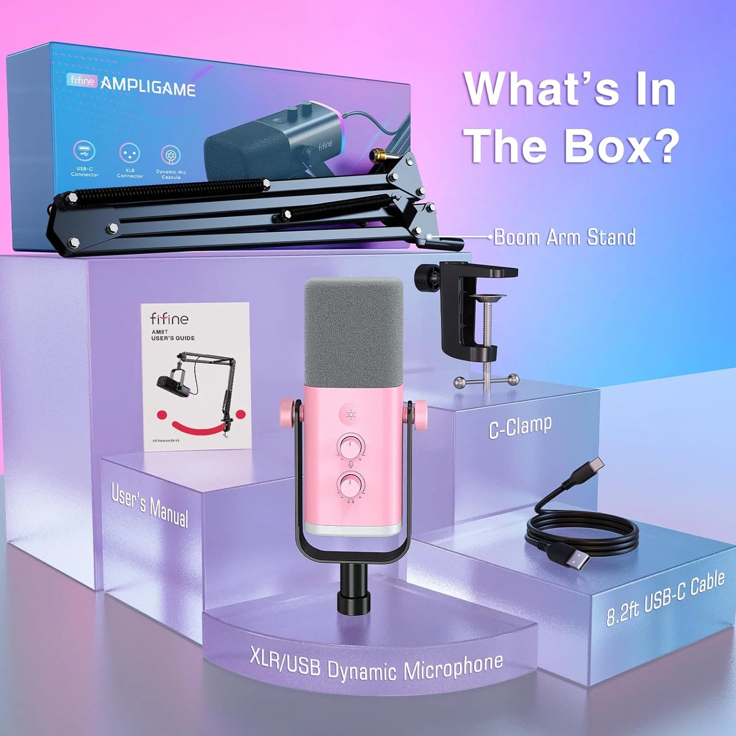 میکروفون گیمینگ USB/XLR فایفاین، کیت میکروفون داینامیک کامپیوتر برای وکال، ضبط، پادکست، استریم میکروفون RGB با جک هدفون، دکمه قطع صدا، پایه بازویی بوم برای کامپیوتر/میکسر - AmpliGame AM8T صورتی میکروفون گیمینگ USB/XLR فایفاین، کیت میکروفون داینامیک کامپیوتر برای وکال، ضبط، پادکست، استریم میکروفون RGB با جک هدفون، دکمه قطع صدا، پایه بازویی بوم برای کامپیوتر/میکسر - AmpliGame AM8T صورتی