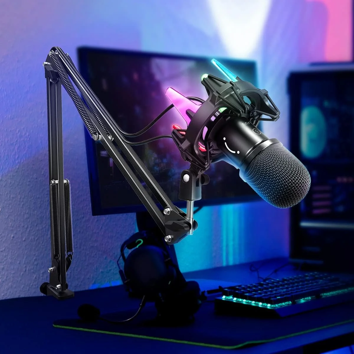کیت میکروفون گیمینگ USB FIFINE، میکروفون دینامیک برای کامپیوتر، با دکمه بی‌صدا، 8 رنگ RGB، ضد ضربه، پایه بازویی، میکروفون کاردیوئید، برای PC PS4 PS5
