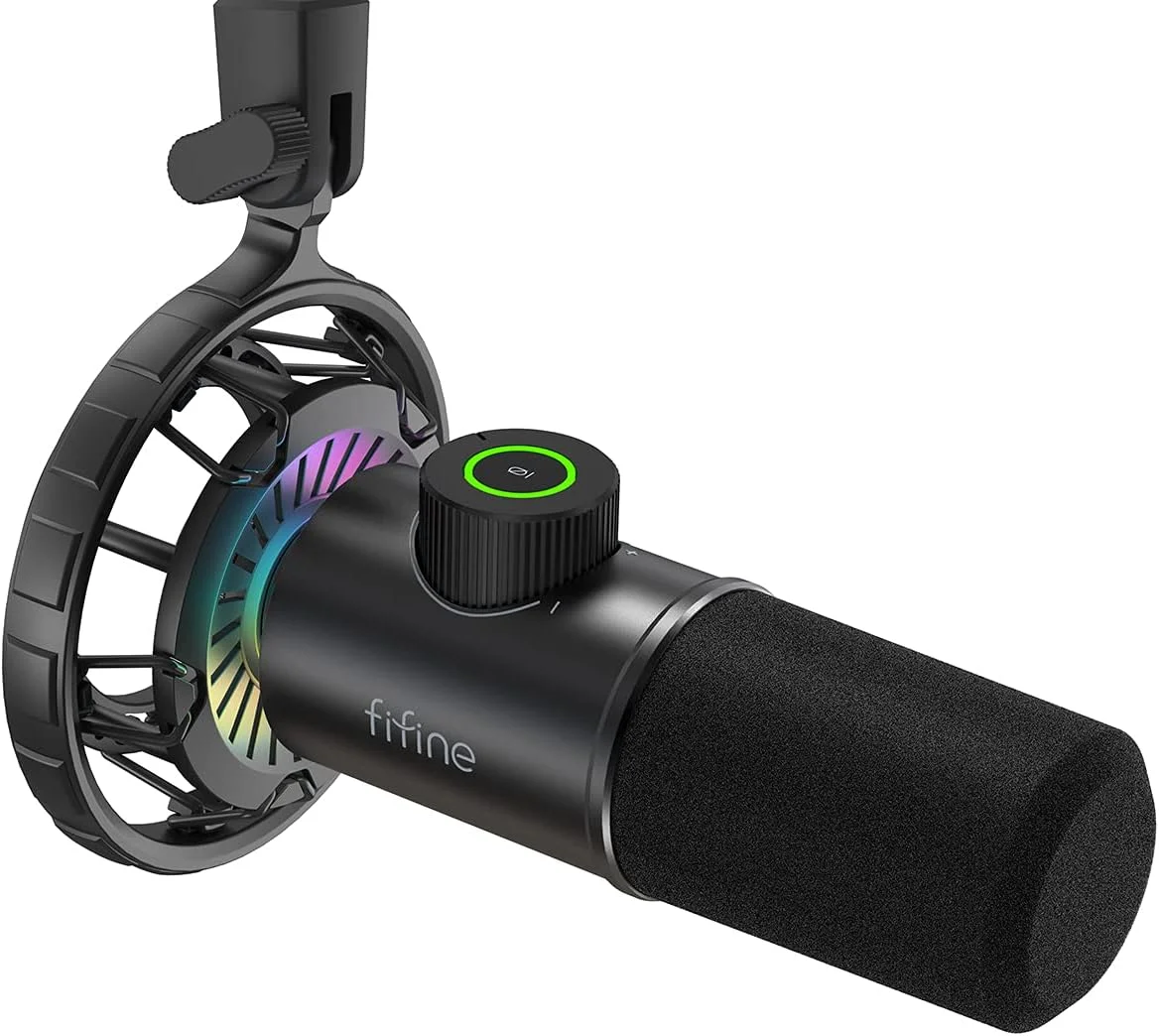 میکروفون گیمینگ USB FIFINE، میکروفون دینامیک RGB برای کامپیوتر، با دکمه قطع صدا لمسی، میکروفون کاردیوئید Plug & Play با جک هدفون برای استریمینگ، پادکست، Twitch، YouTube، Discord- K658