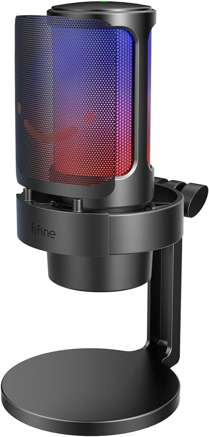 میکروفون گیمینگ FIFINE، میکروفون USB PC برای استریم، پادکست، ضبط، میکروفون رومیزی کامپیوتر کندانسور روی مک، با کنترل RGB، لمس بی‌صدا، جک هدفون، فیلتر پاپ، پایه - AmpliGame A8