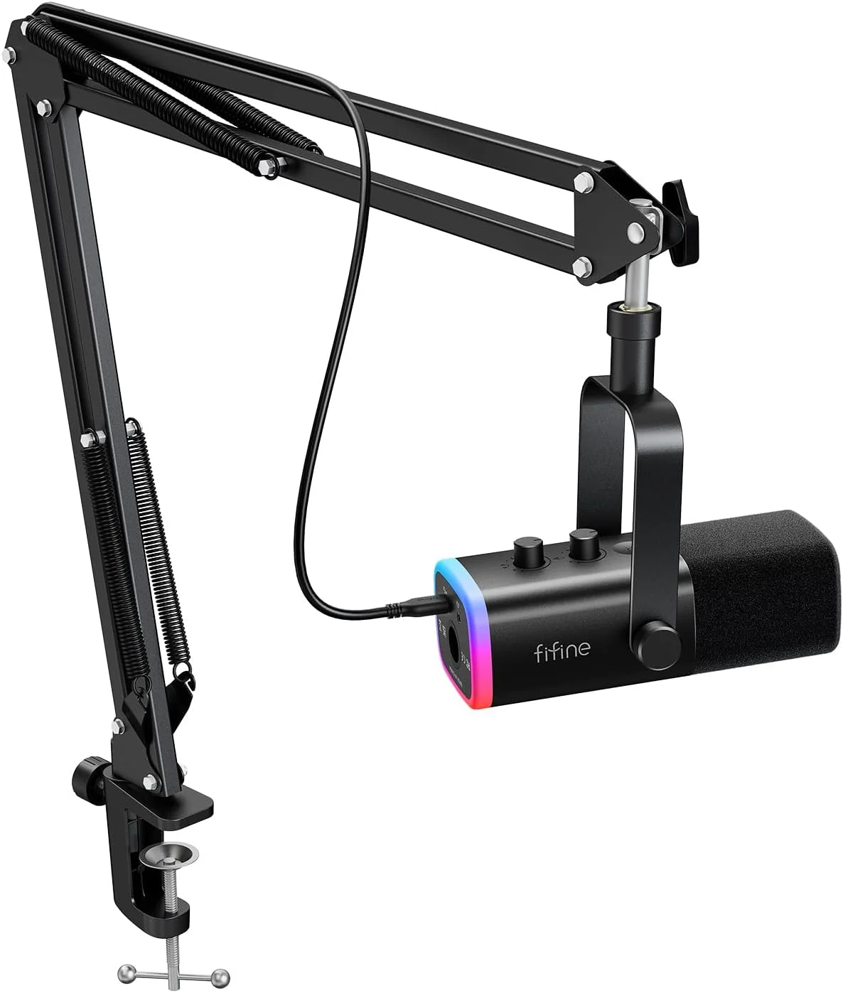 ست میکروفون گیمینگ FIFINE XLR/USB، میکروفون داینامیک کامپیوتر برای استریم پادکست، کیت میکروفون RGB کامپیوتر با بازوی بوم، دکمه بی صدا، جک هدفون، برای ضبط صدای وکال - AmpliGame AM8T