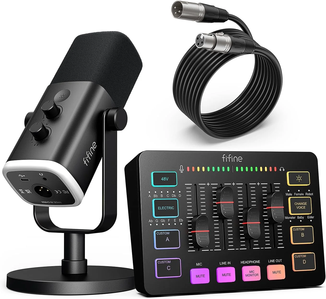 بسته تجهیزات گیمینگ FIFINE، مجموعه میکروفون گیمینگ XLR/USB داینامیک با میکسر صوتی استریمینگ برای ضبط پادکست، ویدئو و وکال، ست گیمر RGB با فیدر صدا/اینترفیس XLR برای PC-AmpliGame KS5