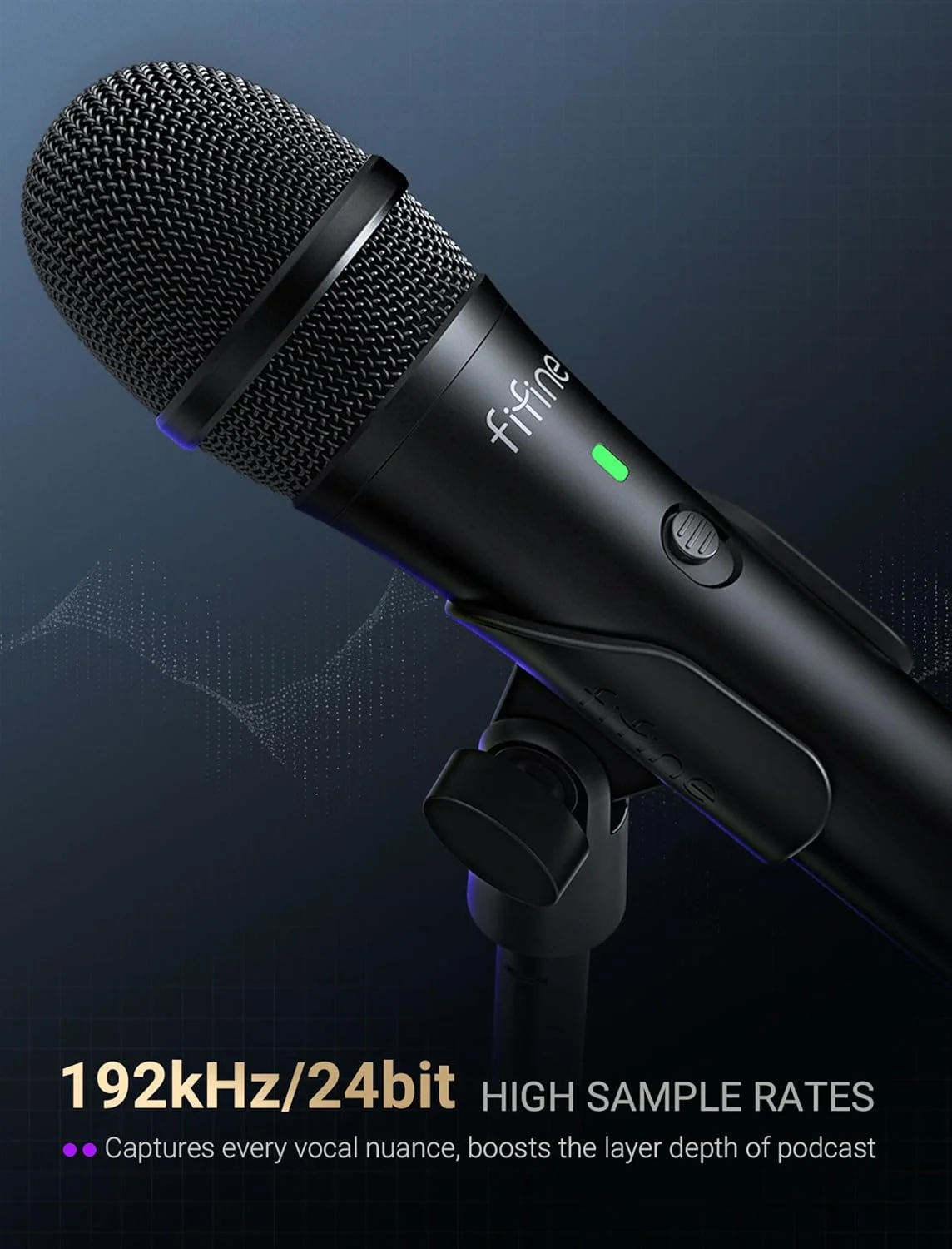 میکروفون داینامیک USB/XLR FIFNE برای ضبط پادکست، میکروفون دستی استودیویی با پایه رومیزی برای وکال، صداگذاری، استریمینگ، مشکی - AmpliTank TANK2
