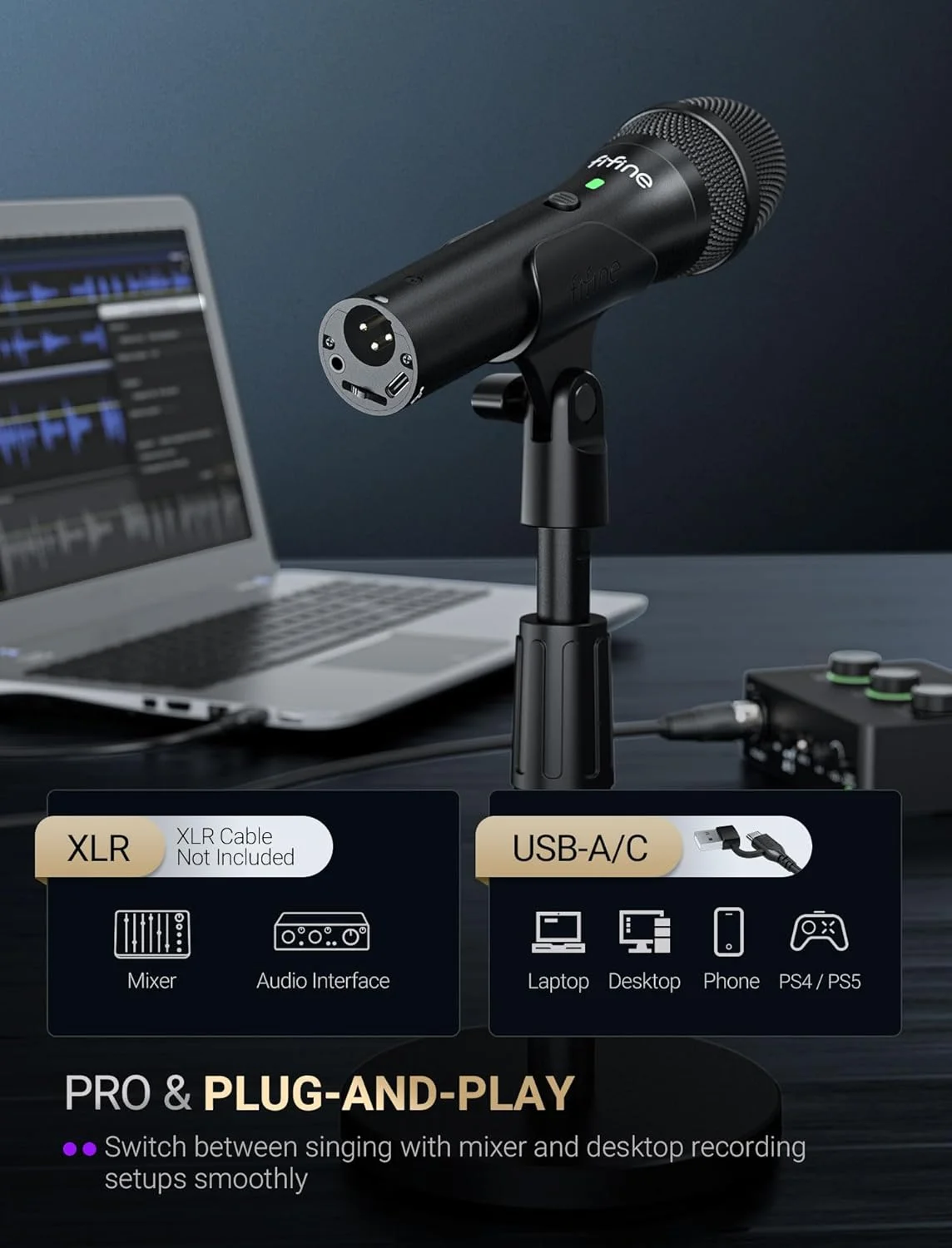 میکروفون داینامیک USB/XLR FIFNE برای ضبط پادکست، میکروفون دستی استودیویی با پایه رومیزی برای وکال، صداگذاری، استریمینگ، مشکی - AmpliTank TANK2