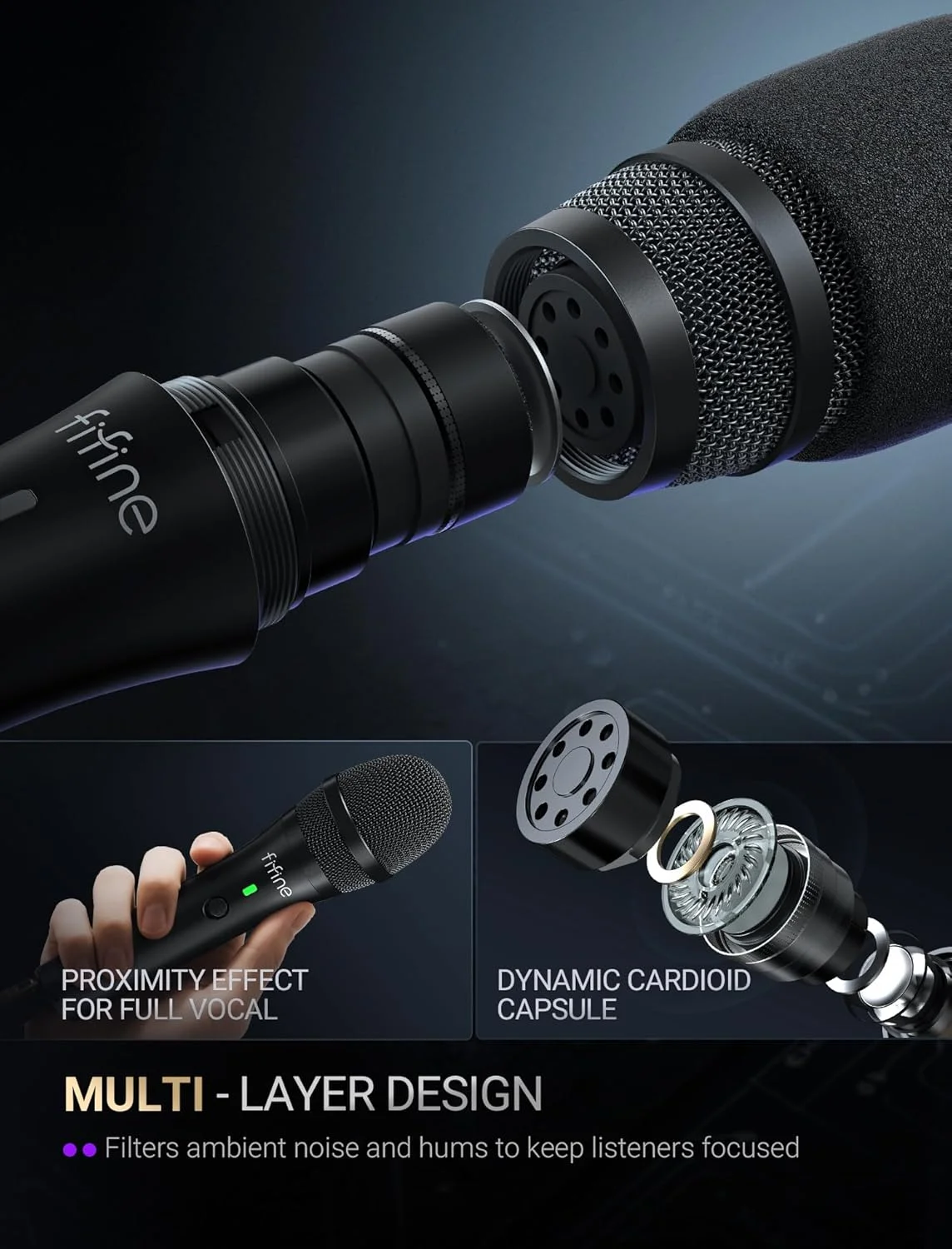 میکروفون داینامیک USB/XLR FIFNE برای ضبط پادکست، میکروفون دستی استودیویی با پایه رومیزی برای وکال، صداگذاری، استریمینگ، مشکی - AmpliTank TANK2