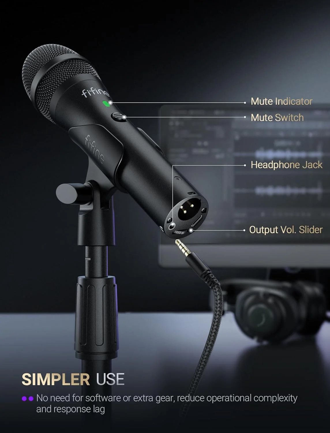 میکروفون داینامیک USB/XLR FIFNE برای ضبط پادکست، میکروفون دستی استودیویی با پایه رومیزی برای وکال، صداگذاری، استریمینگ، مشکی - AmpliTank TANK2