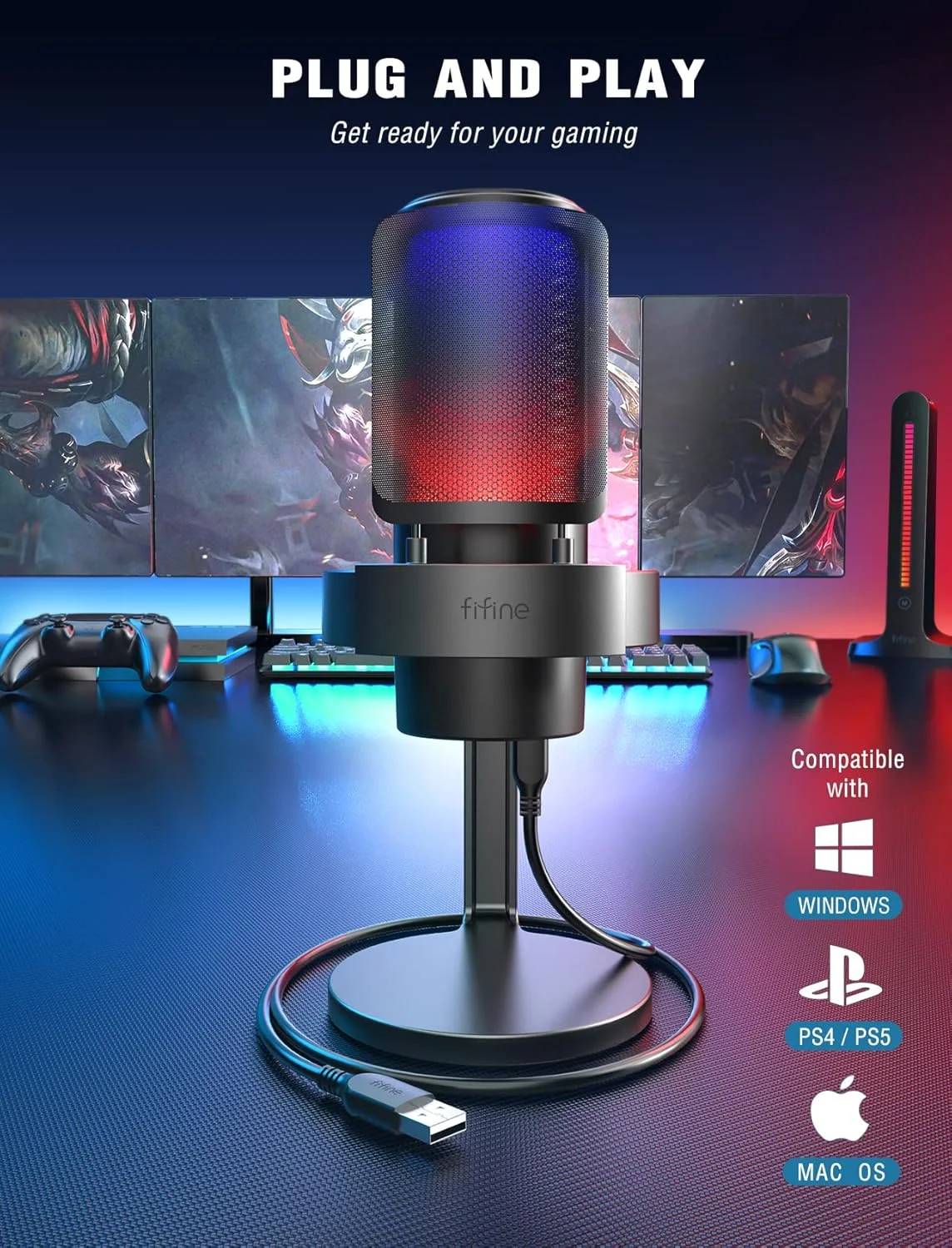 میکروفون گیمینگ FIFINE، میکروفون USB PC برای استریم، پادکست، ضبط، میکروفون رومیزی کامپیوتر کندانسور روی مک، با کنترل RGB، لمس بیصدا، جک هدفون، فیلتر پاپ، پایه - AmpliGame A8 میکروفون گیمینگ FIFINE، میکروفون USB PC برای استریم، پادکست، ضبط، میکروفون رومیزی کامپیوتر کندانسور روی مک، با کنترل RGB، لمس بیصدا، جک هدفون، فیلتر پاپ، پایه - AmpliGame A8