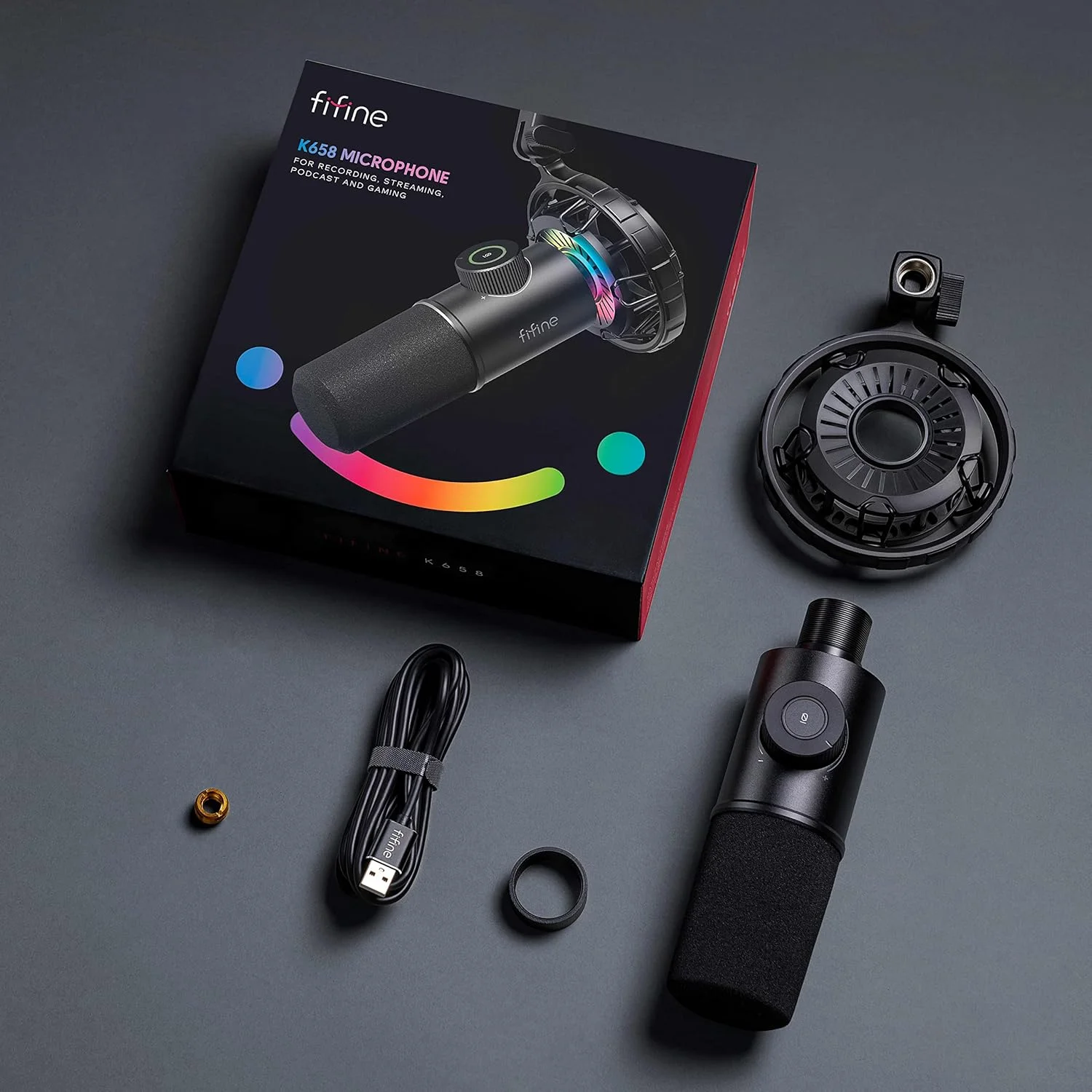 میکروفون گیمینگ USB FIFINE، میکروفون دینامیک RGB برای کامپیوتر، با دکمه قطع صدا لمسی، میکروفون کاردیوئید Plug & Play با جک هدفون برای استریمینگ، پادکست، Twitch، YouTube، Discord- K658 میکروفون گیمینگ USB FIFINE، میکروفون دینامیک RGB برای کامپیوتر، با دکمه قطع صدا لمسی، میکروفون کاردیوئید Plug & Play با جک هدفون برای استریمینگ، پادکست، Twitch، YouTube، Discord- K658