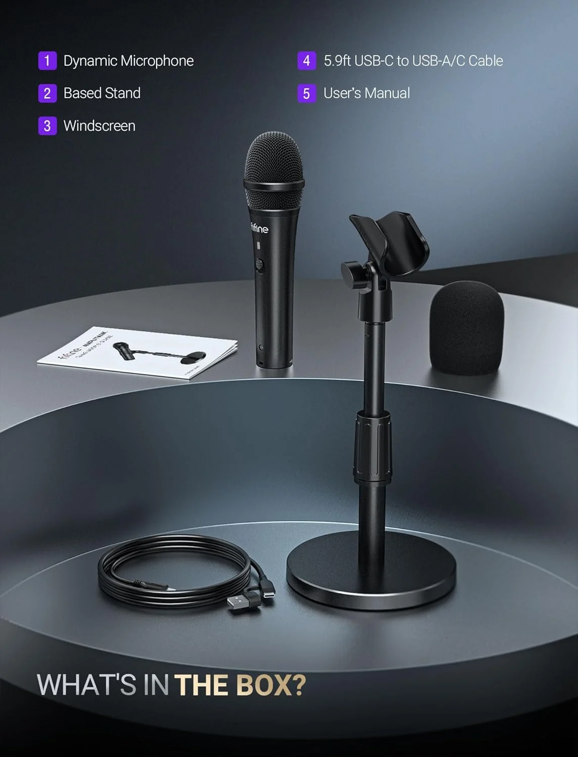 میکروفون داینامیک USB/XLR FIFNE برای ضبط پادکست، میکروفون دستی استودیویی با پایه رومیزی برای وکال، صداگذاری، استریمینگ، مشکی - AmpliTank TANK2