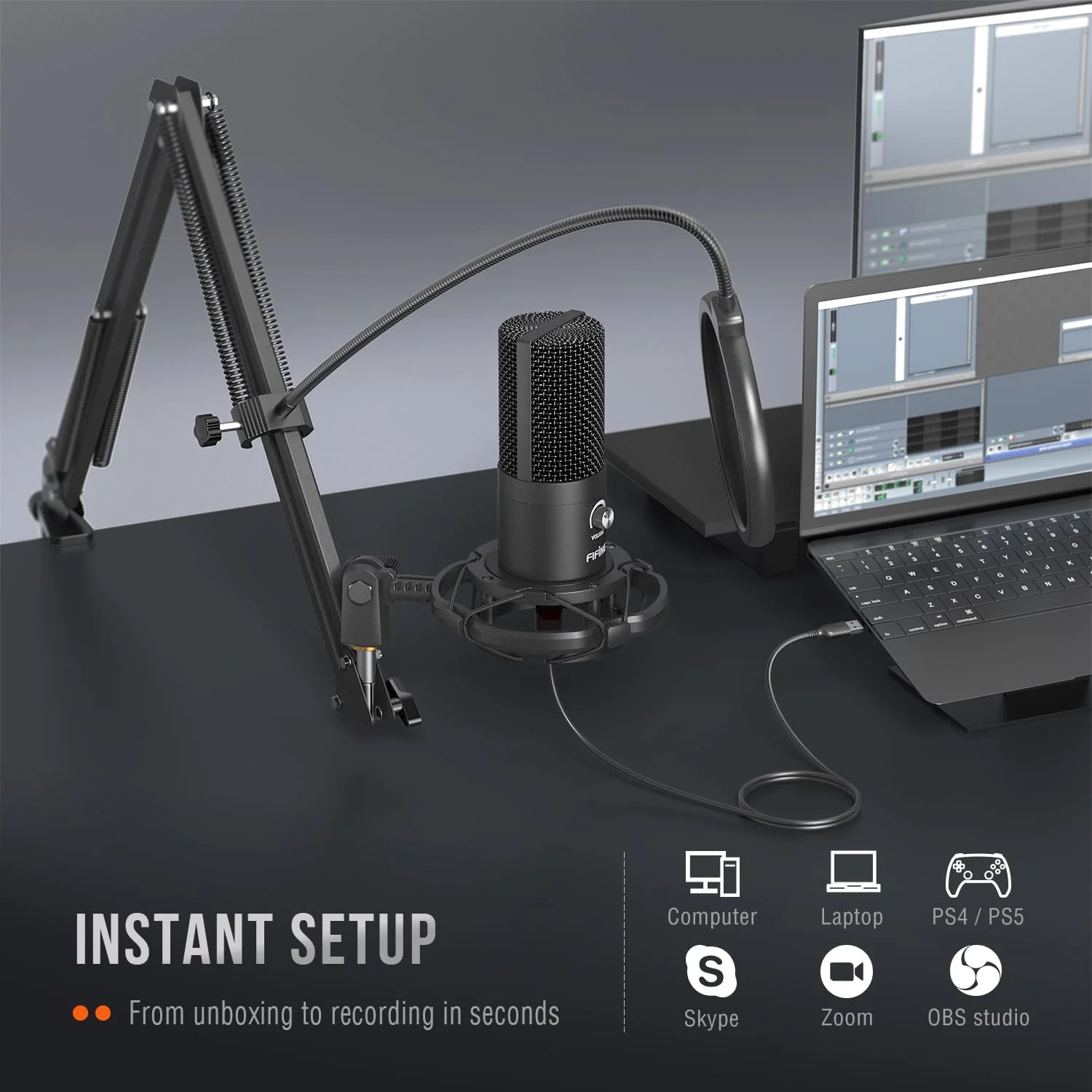 کیت میکروفون USB کاندنسر استودیویی FIFINE مدل T669 به همراه پایه بازویی قیچی‌شکل قابل تنظیم، لرزه‌گیر و مناسب برای ضبط ساز، صداگذاری، پادکست، یوتیوب، کارائوکه، بازی و استریم