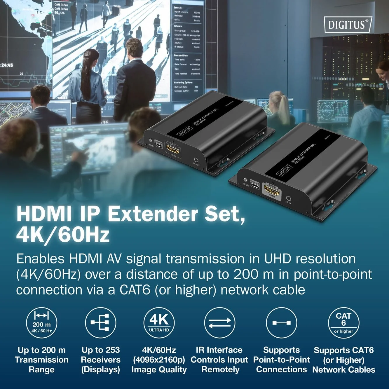 ست توسعه دهنده HDMI از طریق IP دیجی توس - UHD 4k 60Hz - HDMI 2.0 - برد تا 200 متر - فرستنده و گیرنده - تا 253 گیرنده - CAT 6 - مشکی