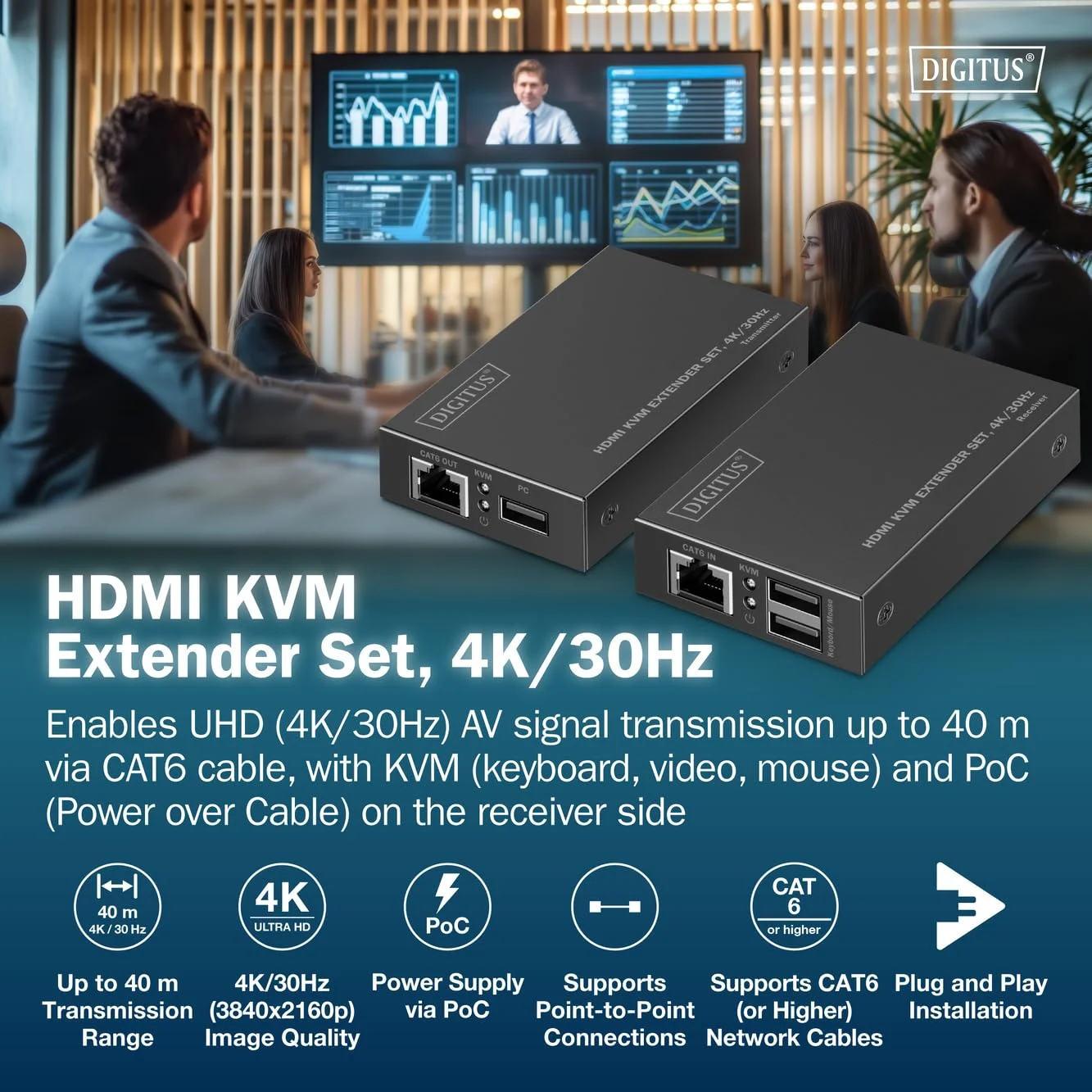 ست توسعه دهنده KVM دیجی توس - UHD 4K 30Hz - برد 40 متر - HDMI 1.4 - تاخیر بسیار کم - فرستنده و گیرنده - 2x USB برای ماوس و کیبورد - PoC - نقطه به نقطه - CAT 6 - مشکی