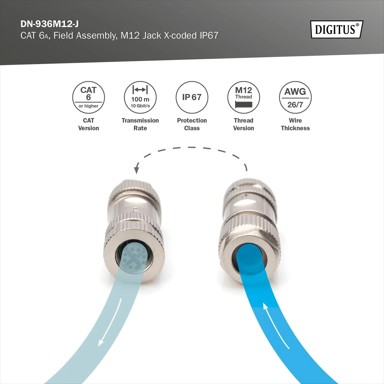 سوکت اتصال شبکه DIGITUS M12 - CAT 6A - 10 گیگابیت بر ثانیه - X-Coded - کلاس حفاظت IP67 - مونتاژ در محل - سوکت شبکه