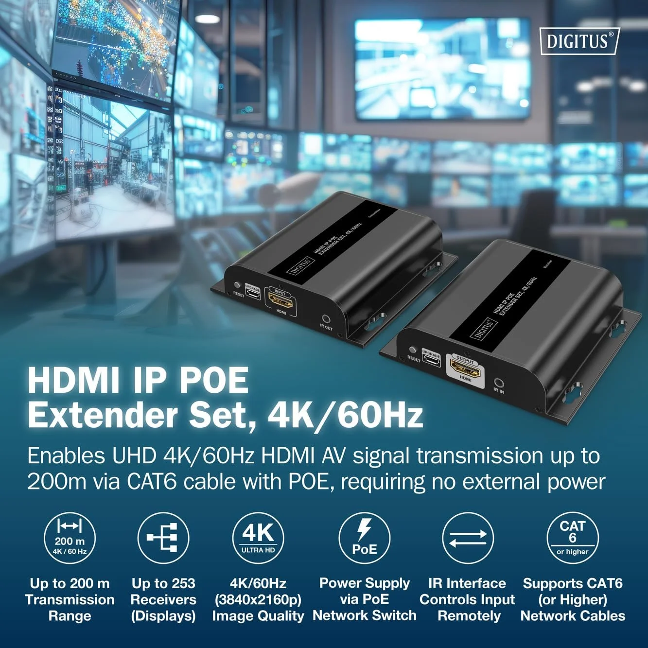 ست توسعه دهنده HDMI IP PoE دیجی توس - UHD 4k 60Hz - HDMI 2.0 - برد تا 200 متر - فرستنده و گیرنده - تا 253 گیرنده - CAT 6 - مشکی