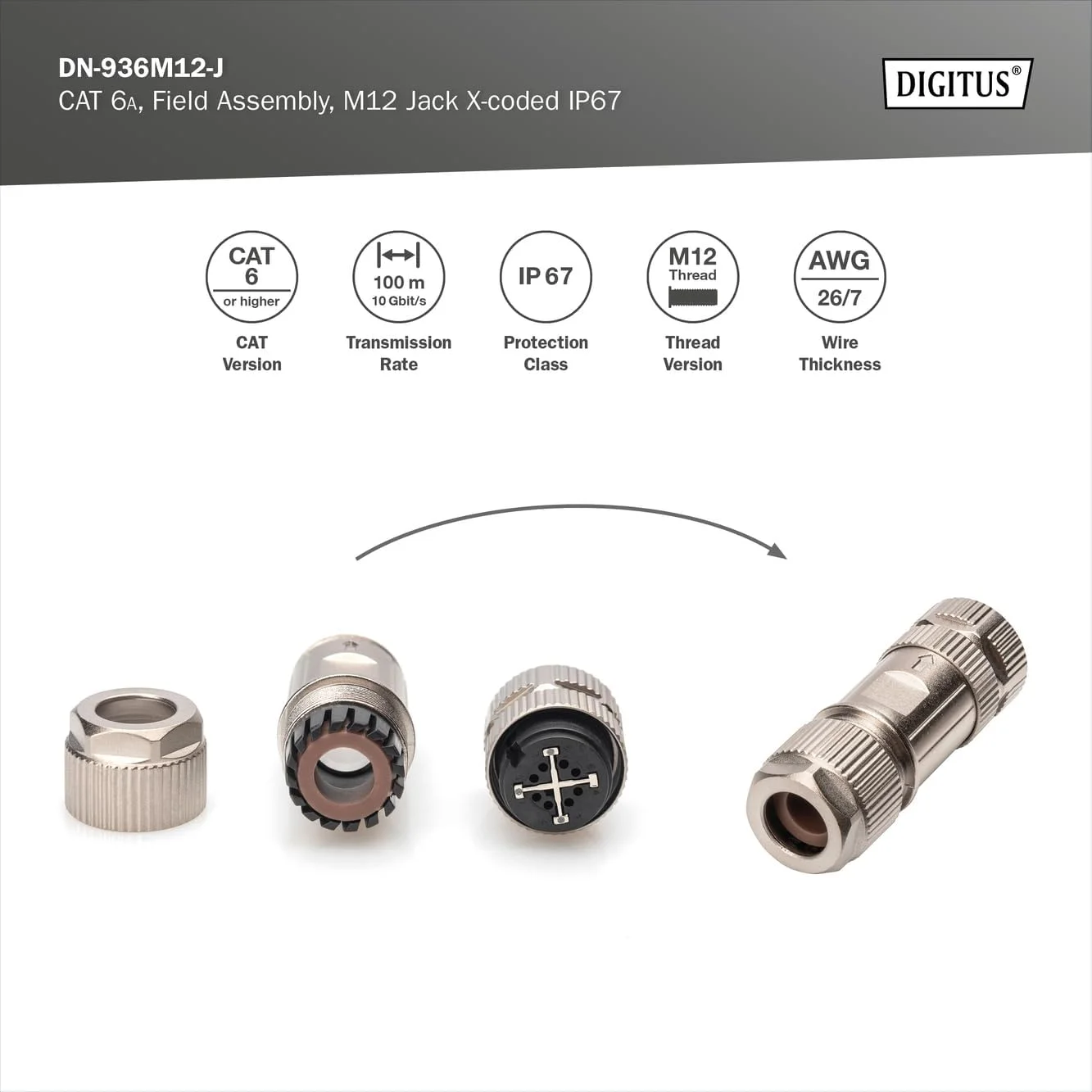 سوکت اتصال شبکه DIGITUS M12 - CAT 6A - 10 گیگابیت بر ثانیه - X-Coded - کلاس حفاظت IP67 - مونتاژ در محل - سوکت شبکه
