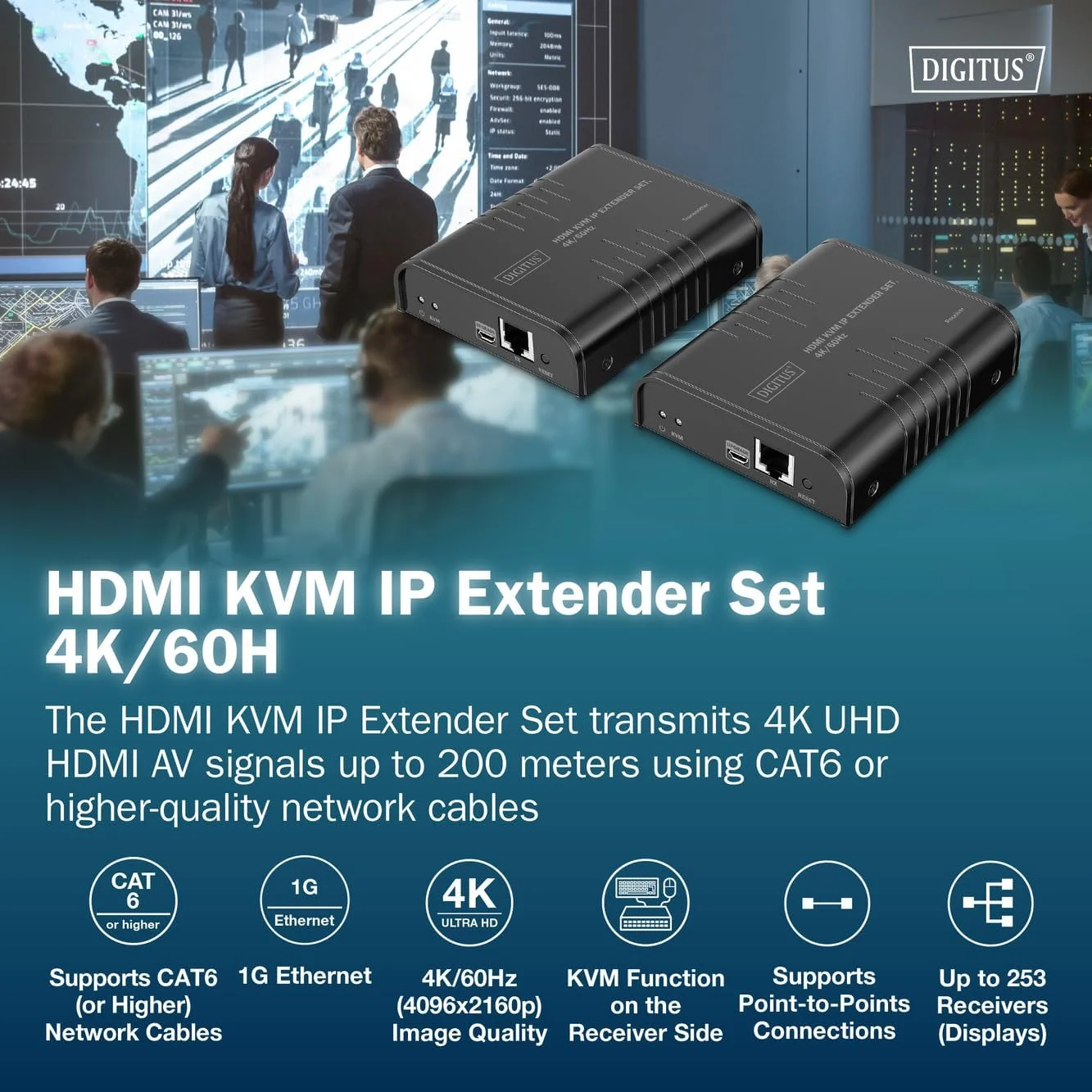 ست توسعه دهنده HDMI KVM IP دیجی توس - UHD 4k 60Hz - برد 40 متر - HDMI 2.0 - فرستنده و گیرنده - تا 253 گیرنده - 2x USB برای ماوس و کیبورد - نقطه به نقطه - CAT 6 - مشکی