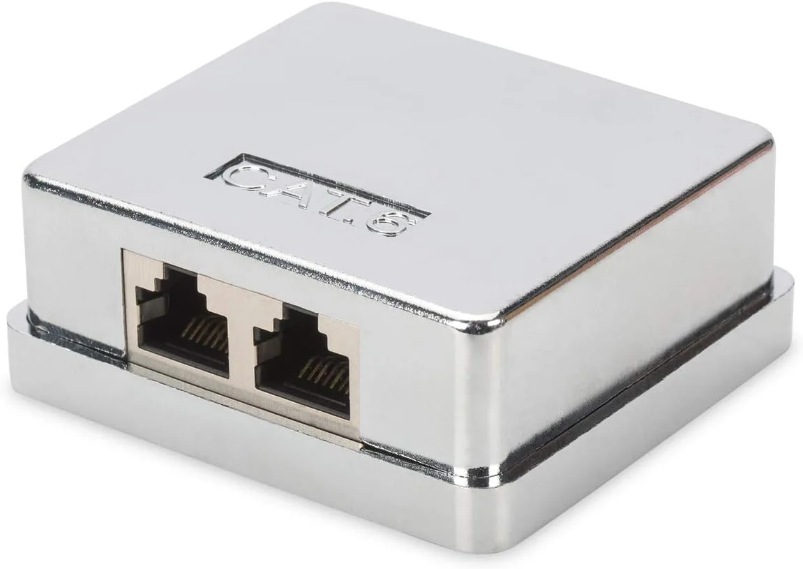 جعبه اتصال دیجی توس Cat-6-2 پورت RJ45 - محفظه نصب سطحی - سوکت شبکه - ترمینال غلاف LSA - محافظ دار - نقره ای