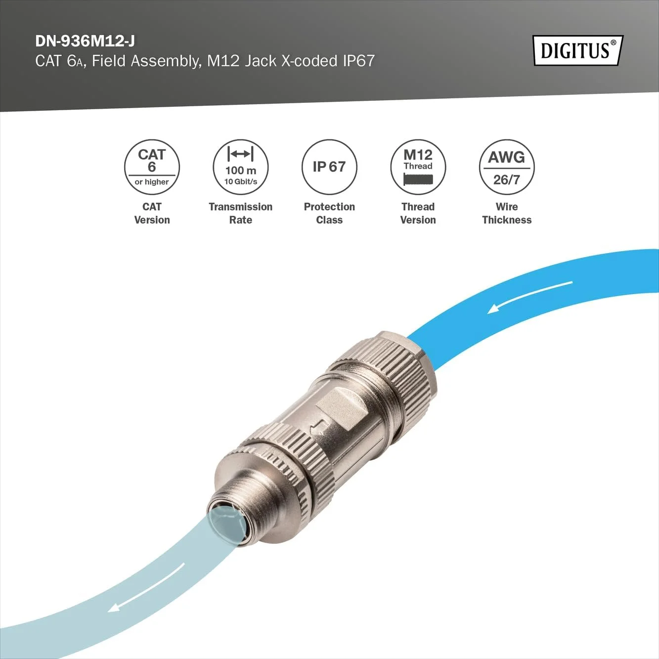 سوکت اتصال شبکه DIGITUS M12 - CAT 6A - 10 گیگابیت بر ثانیه - X-Coded - کلاس حفاظت IP67 - مونتاژ در محل - سوکت شبکه
