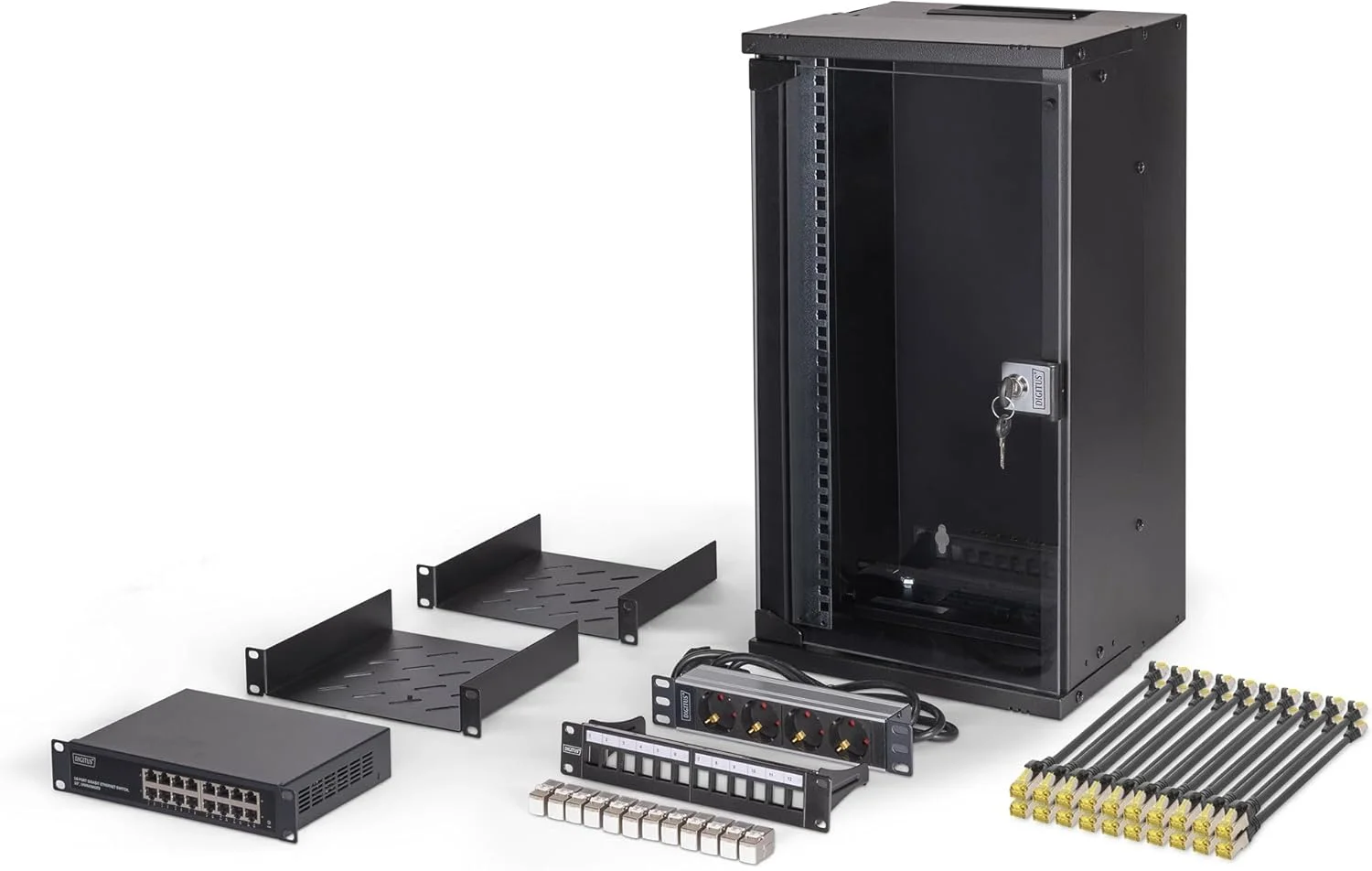 کیت شبکه 10 اینچی DIGITUS - رک شبکه 12 یونیت - 2 قفسه - محافظ برق - سوئیچ 16 پورت - پچ پنل 12 پورت - 12 ماژول کیستون - 20 کابل پچ - مونتاژ نشده - SOHO Pro - مشکی