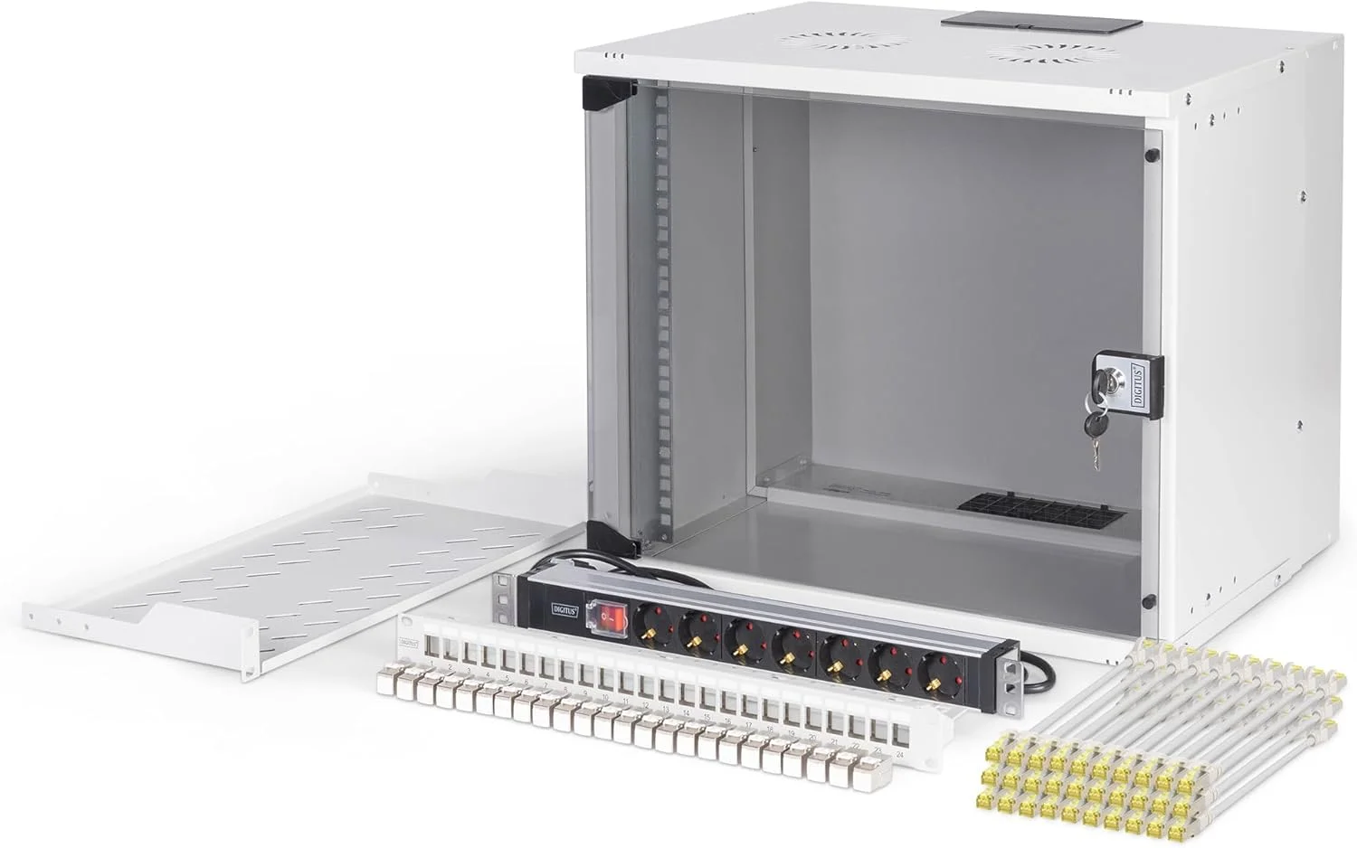کیت شبکه 19 اینچی DIGITUS - رک شبکه 9 یونیت - قفسه 1 یونیت - پچ پنل 24 پورت - 24 ماژول کیستون - 30 کابل پچ - پاور استریپ - مونتاژ نشده - سری SOHO PRO - خاکستری