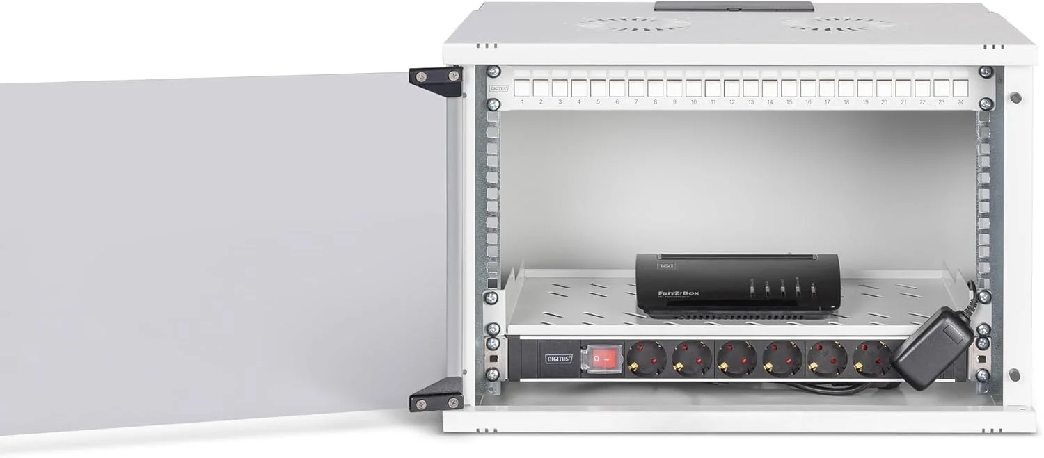 کیت شبکه 19 اینچی DIGITUS - رک شبکه 7 یونیت - قفسه 1 یونیت - پچ پنل 24 پورت - 24 ماژول کیستون - 30 کابل پچ - پاور استریپ - مونتاژ نشده - سری SOHO PRO - خاکستری