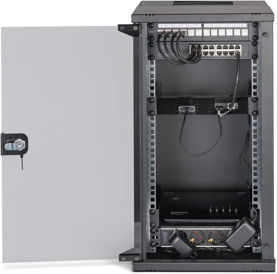 کیت شبکه 10 اینچی DIGITUS - رک شبکه 12 یونیت - 2 قفسه - محافظ برق - سوئیچ 16 پورت - پچ پنل 12 پورت - 12 ماژول کیستون - 20 کابل پچ - مونتاژ نشده - SOHO Pro - مشکی