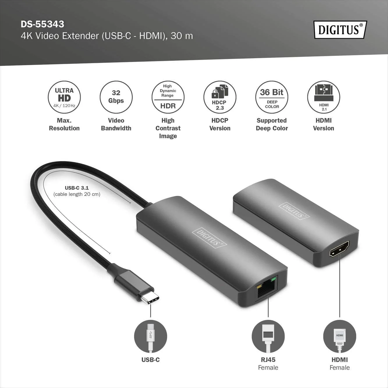 اکستندر USB-C به HDMI دیجی توس DS-55343 - UHD 4K 120Hz - 30 متر از طریق کابل LAN - ست فرستنده و گیرنده - HDMI 2.1، HDCP 2.3، USB 3.1 - HDR، رنگ عمیق